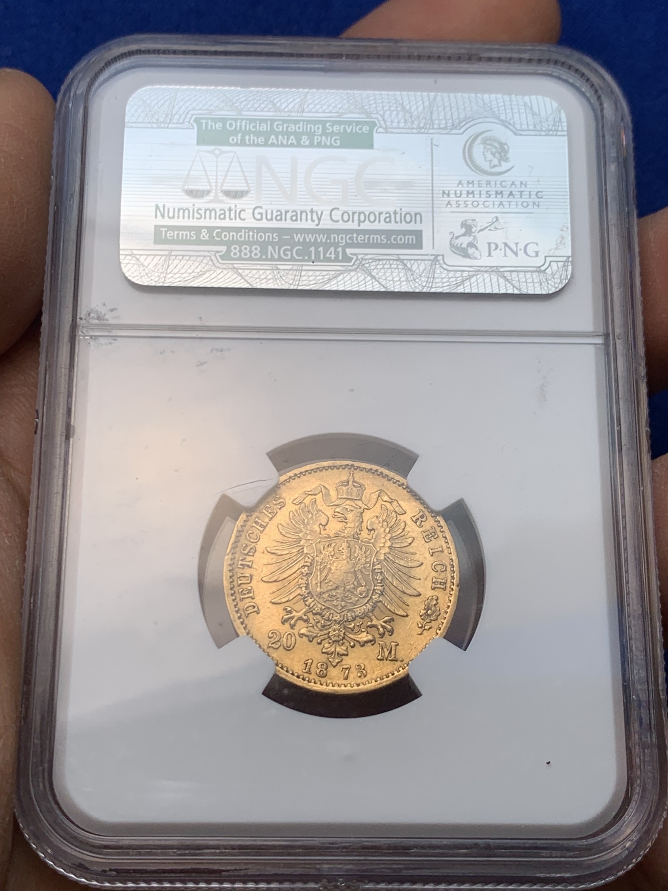 《竞宝斋》圣诞专辑  第一场  第227场 定制纪念章相赠 (全场顺丰包邮) NGC-AU58 德国巴登大公国  1873年20帝国金马克金币 热门的德二短翅鹰，细节和光度都非常好，感觉低评