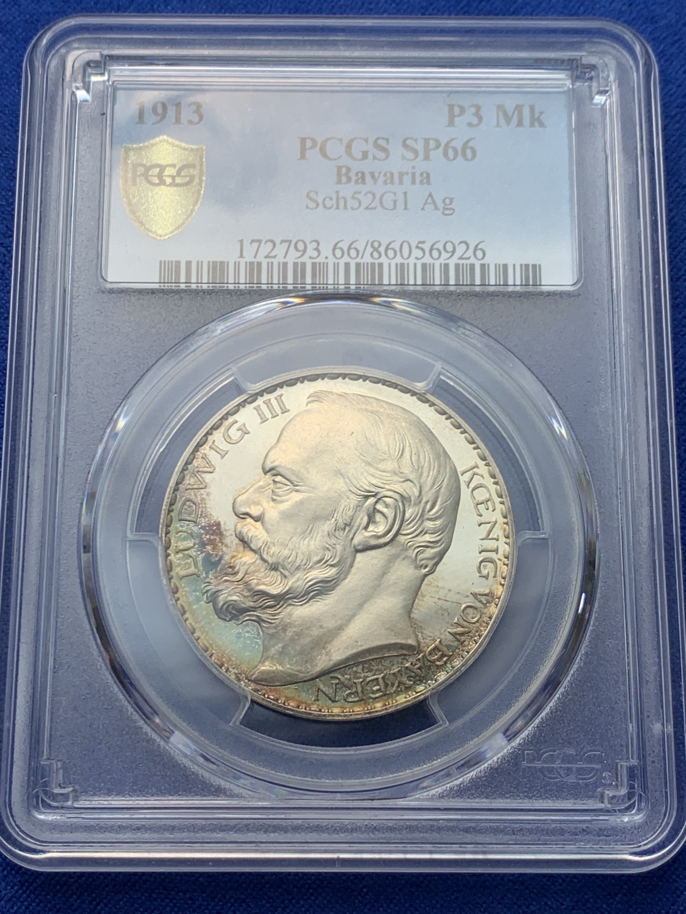 《竞宝斋》圣诞专辑  第一场  第227场 定制纪念章相赠 (全场顺丰包邮) PCGS SP66，德国1913巴伐利亚路德维希2世，3马克银样币，顶级冠军分数，双面月牙五彩，极美！