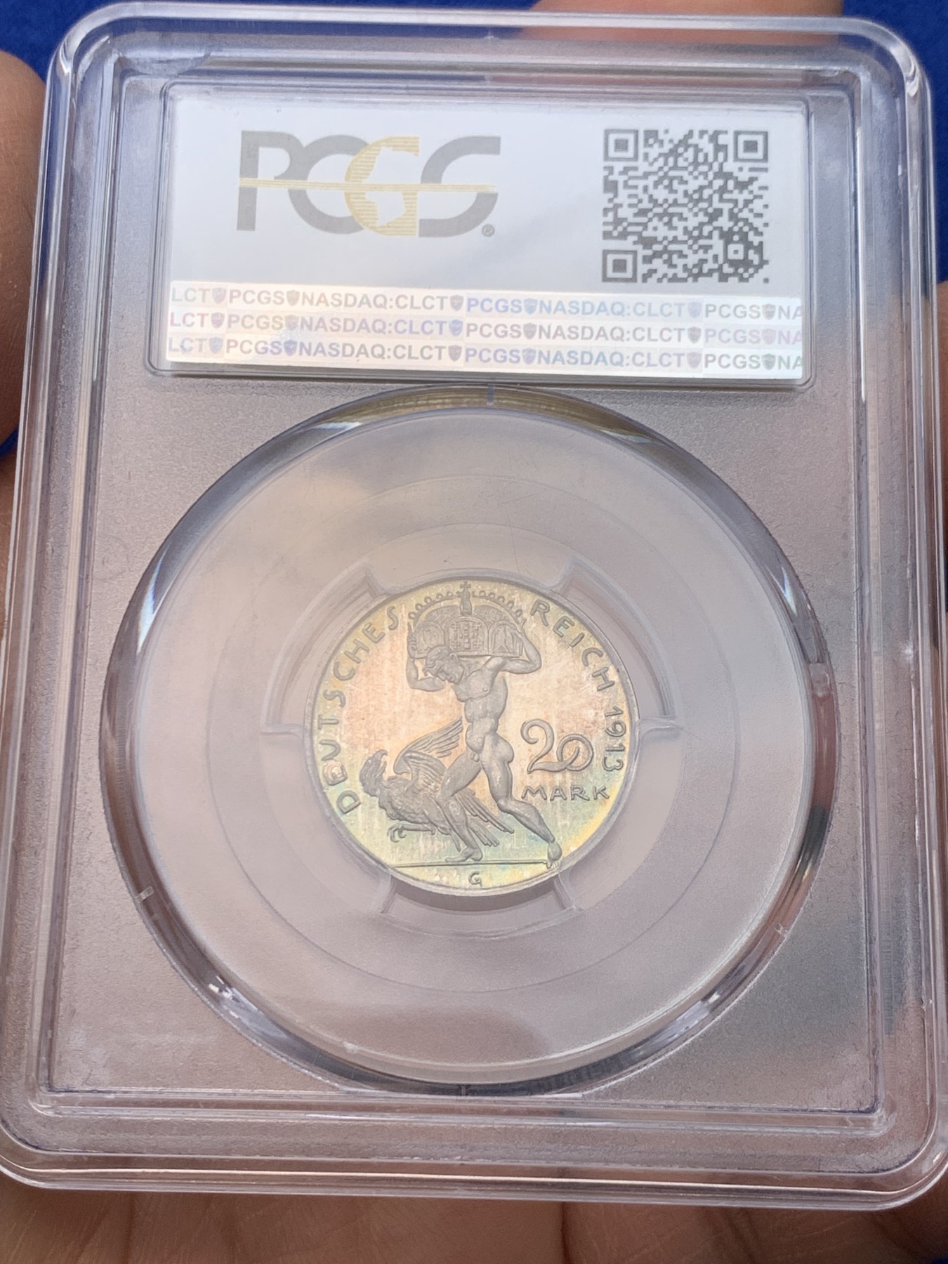 《竞宝斋》圣诞专辑  第一场  第227场 定制纪念章相赠 (全场顺丰包邮) PCGS PF66CAM 德国1913普鲁士威廉二世，精制银样币20马克，极至五彩冠军分，稀少