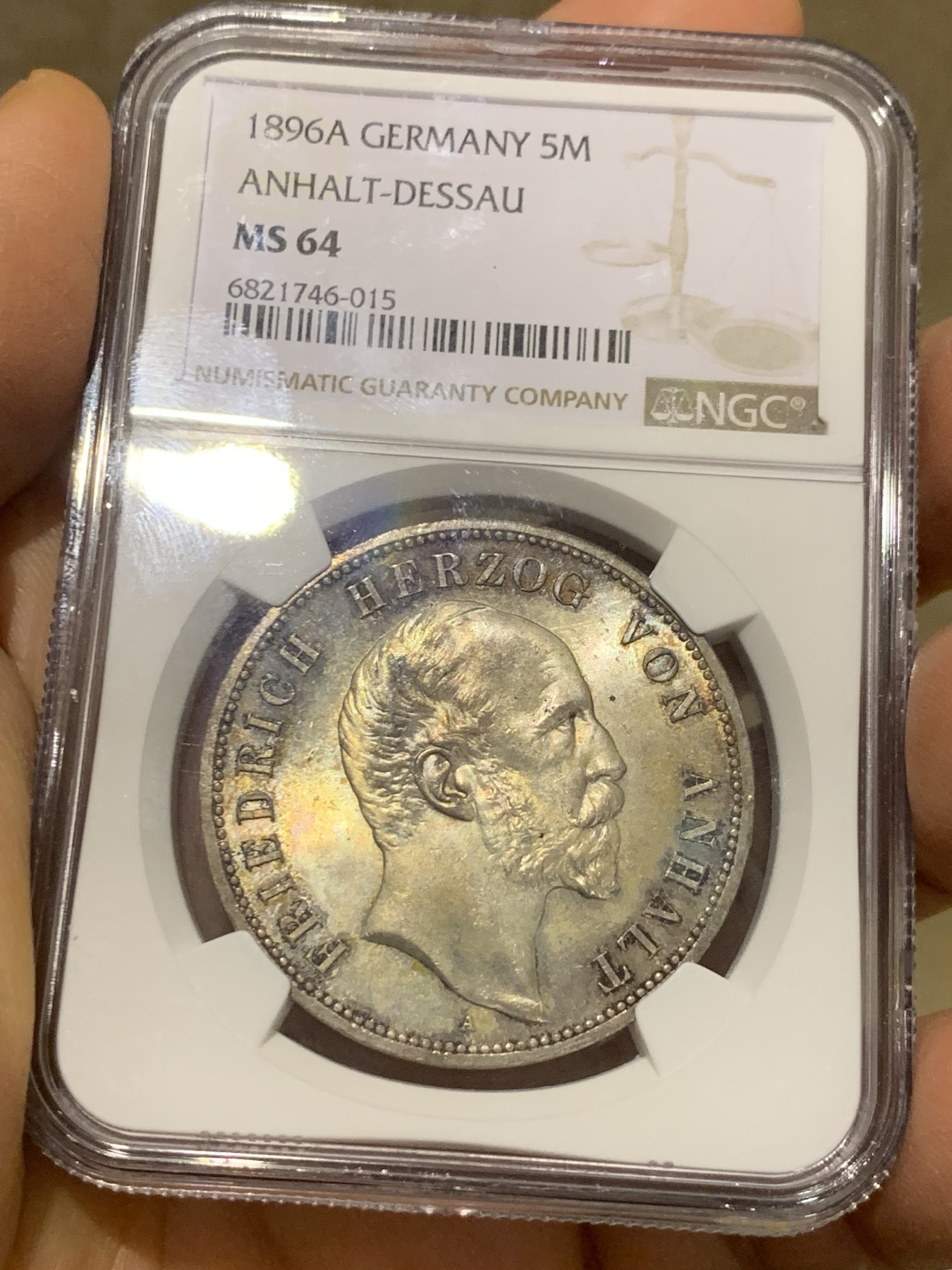 《竞宝斋》圣诞专辑  第一场  第227场 定制纪念章相赠 (全场顺丰包邮) NGC MS64 德国 1896 安哈特  腓特烈一世 统治25周年 纪念 5马克大银币 少见品种 淡彩包浆 底板极美