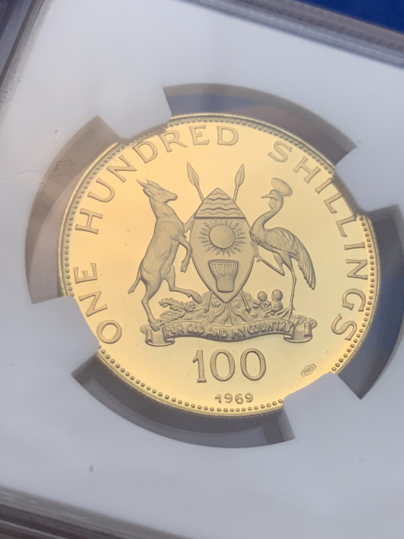 《竞宝斋》圣诞专辑  第一场  第227场 定制纪念章相赠 (全场顺丰包邮) NGC-PF69 UC 1969年乌干达100先令保罗六世到访金币   直径30MM 13.82克 900金 完美品相