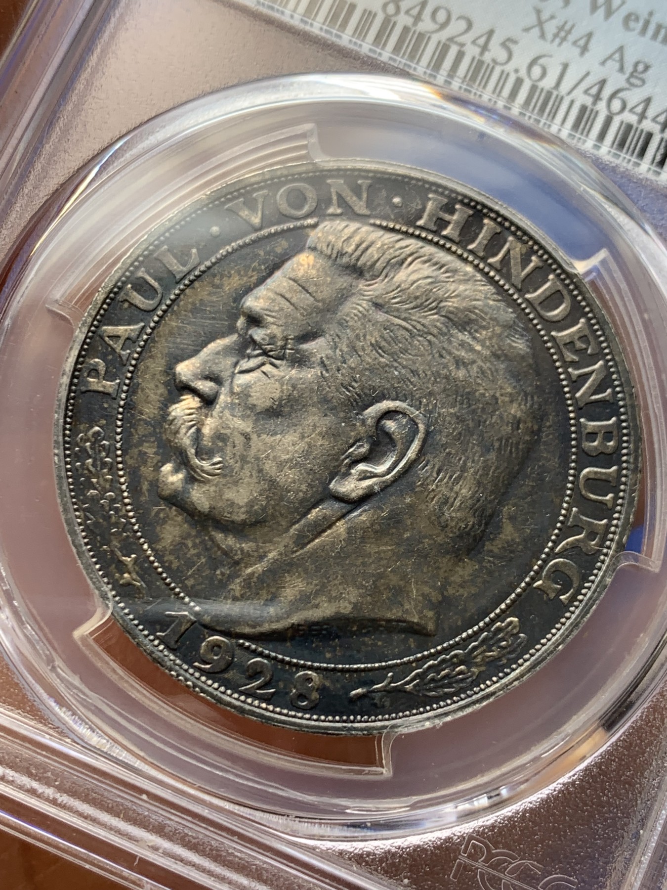 《竞宝斋》圣诞专辑  第一场  第227场 定制纪念章相赠 (全场顺丰包邮) PCGS-SP61 德国兴登堡1928年5马克币型银章 少见左脸图案 伯恩哈特作品