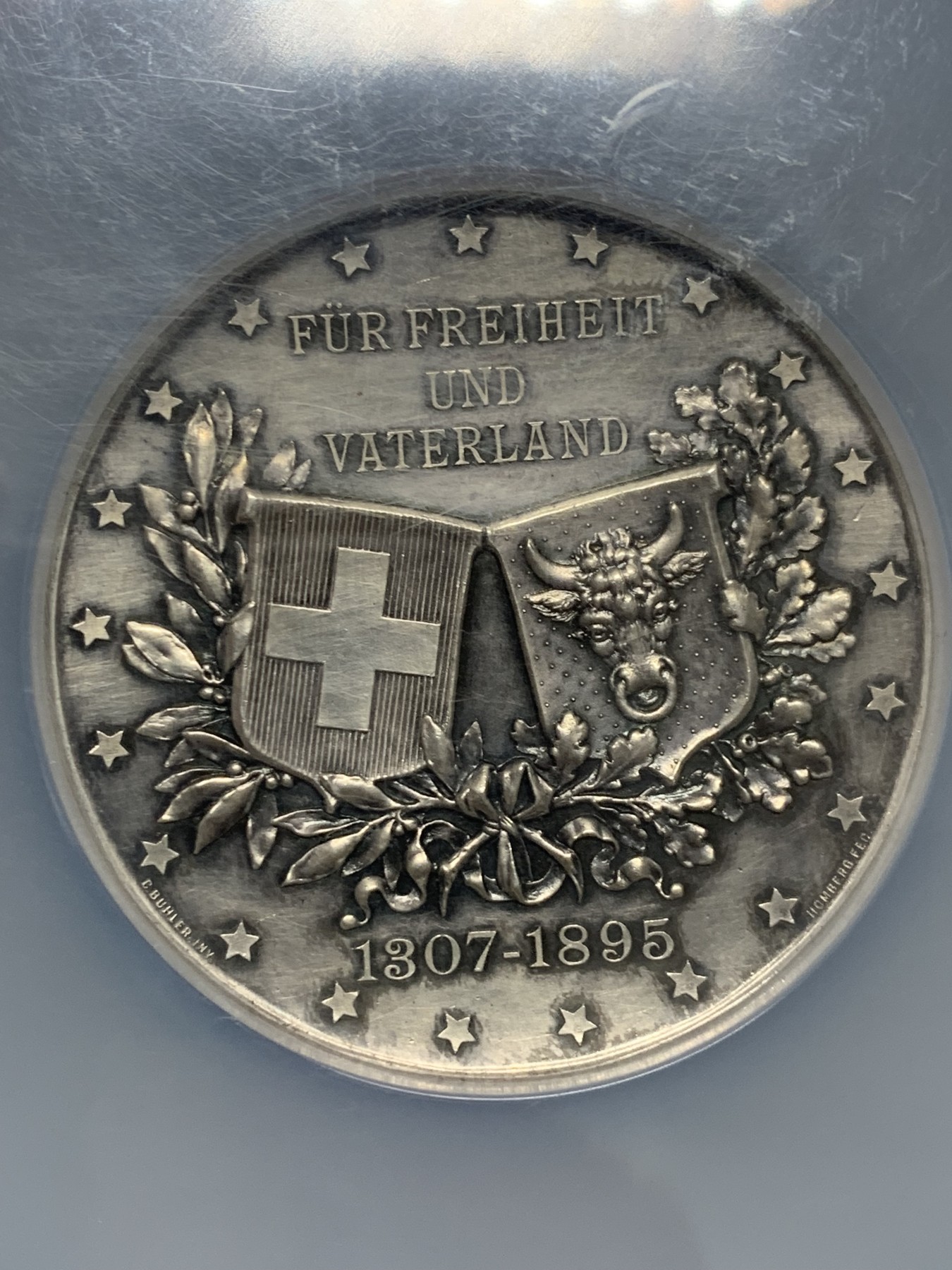 《竞宝斋》圣诞专辑  第一场  第227场 定制纪念章相赠 (全场顺丰包邮) NGC-MS62 瑞士 1895年 乌里州射击节大银章 厚重高浮雕 精致工艺 非常漂亮 NGC大盒