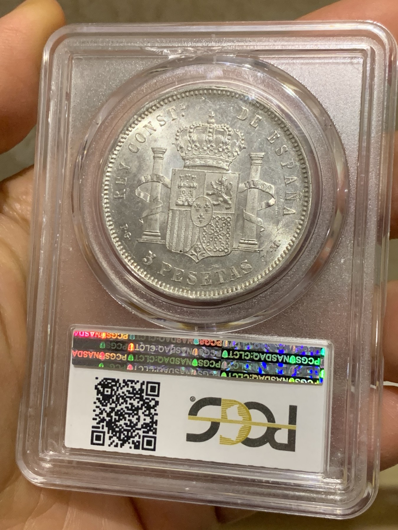 《竞宝斋》圣诞专辑  第一场  第227场 定制纪念章相赠 (全场顺丰包邮) PCGS-MS62 西班牙阿方索十三世小光头5比塞塔银币 1891相对少见年份MS好品不多 原光好品 低评状态 盒子背面下沿有小磕