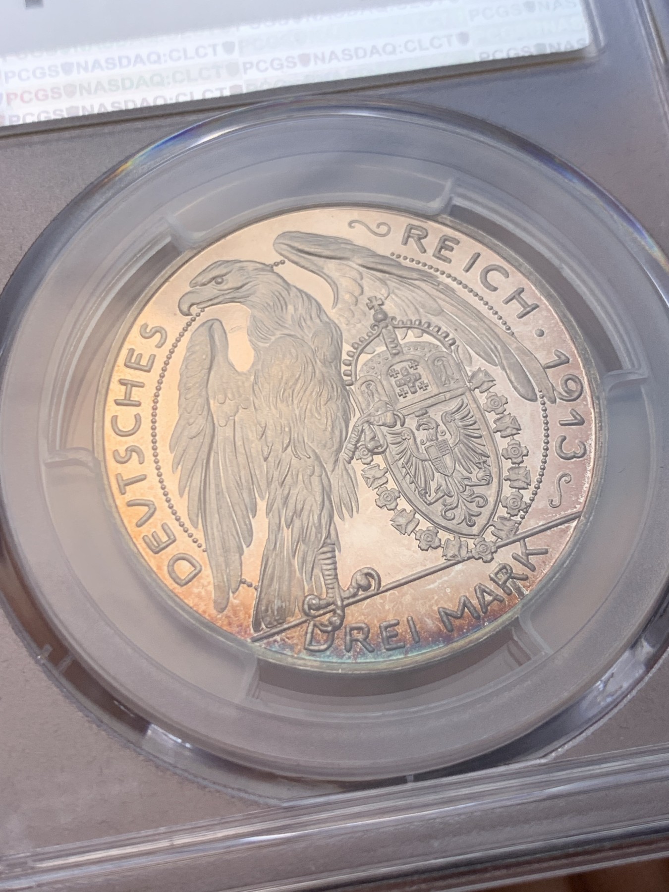 《竞宝斋》圣诞专辑  第一场  第227场 定制纪念章相赠 (全场顺丰包邮) PCGS SP66，德国1913巴伐利亚路德维希2世，3马克银样币，顶级冠军分数，双面月牙五彩，极美！