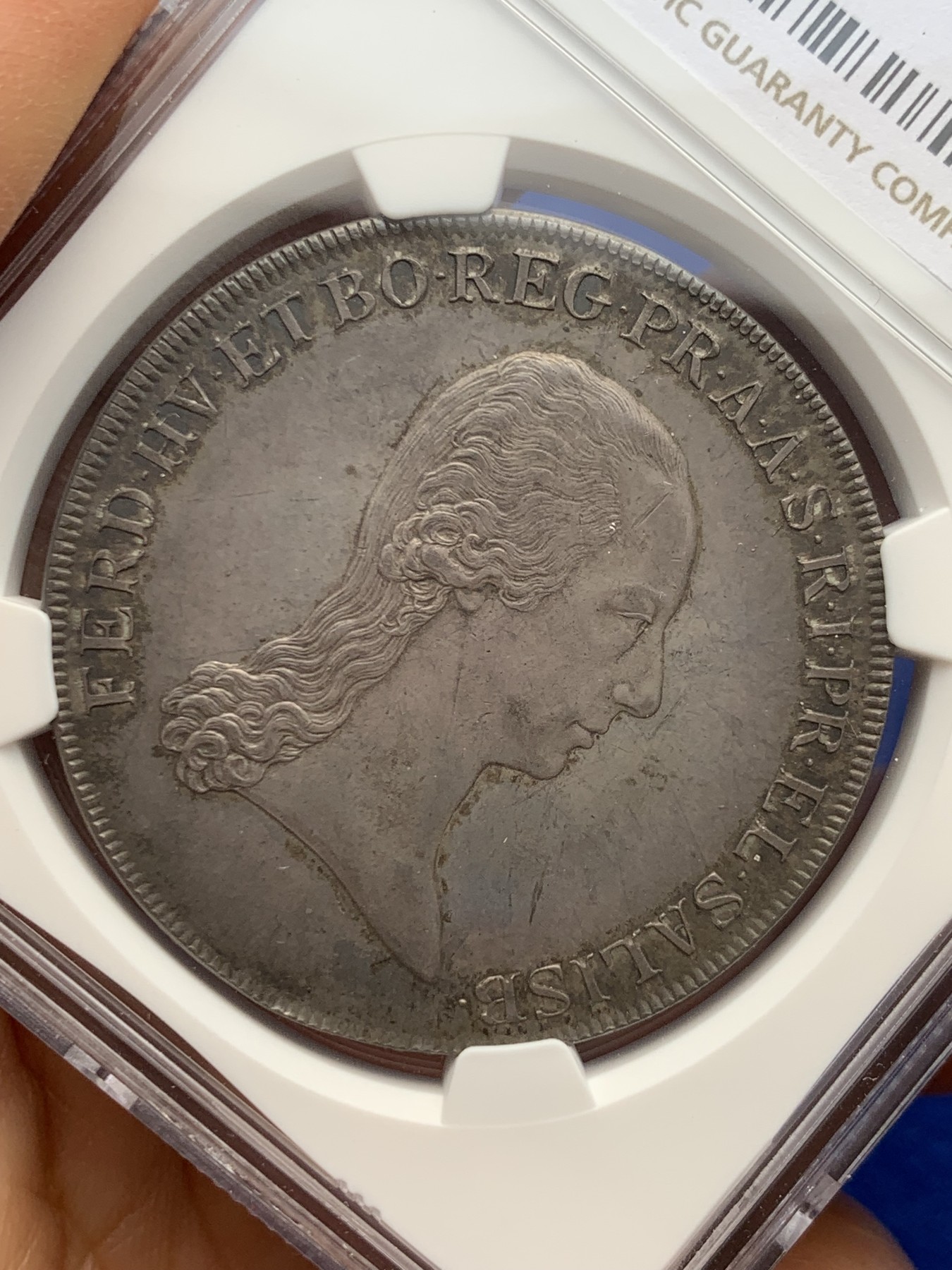 《竞宝斋》圣诞专辑  第二场  第228场 定制纪念章相赠 (全场顺丰包邮) NGC AU58 奥地利 哈布斯堡王朝 1803 斐迪南三世托斯卡纳大公 泰勒大银币  灰彩包浆 底板光亮 细节好 低评状态