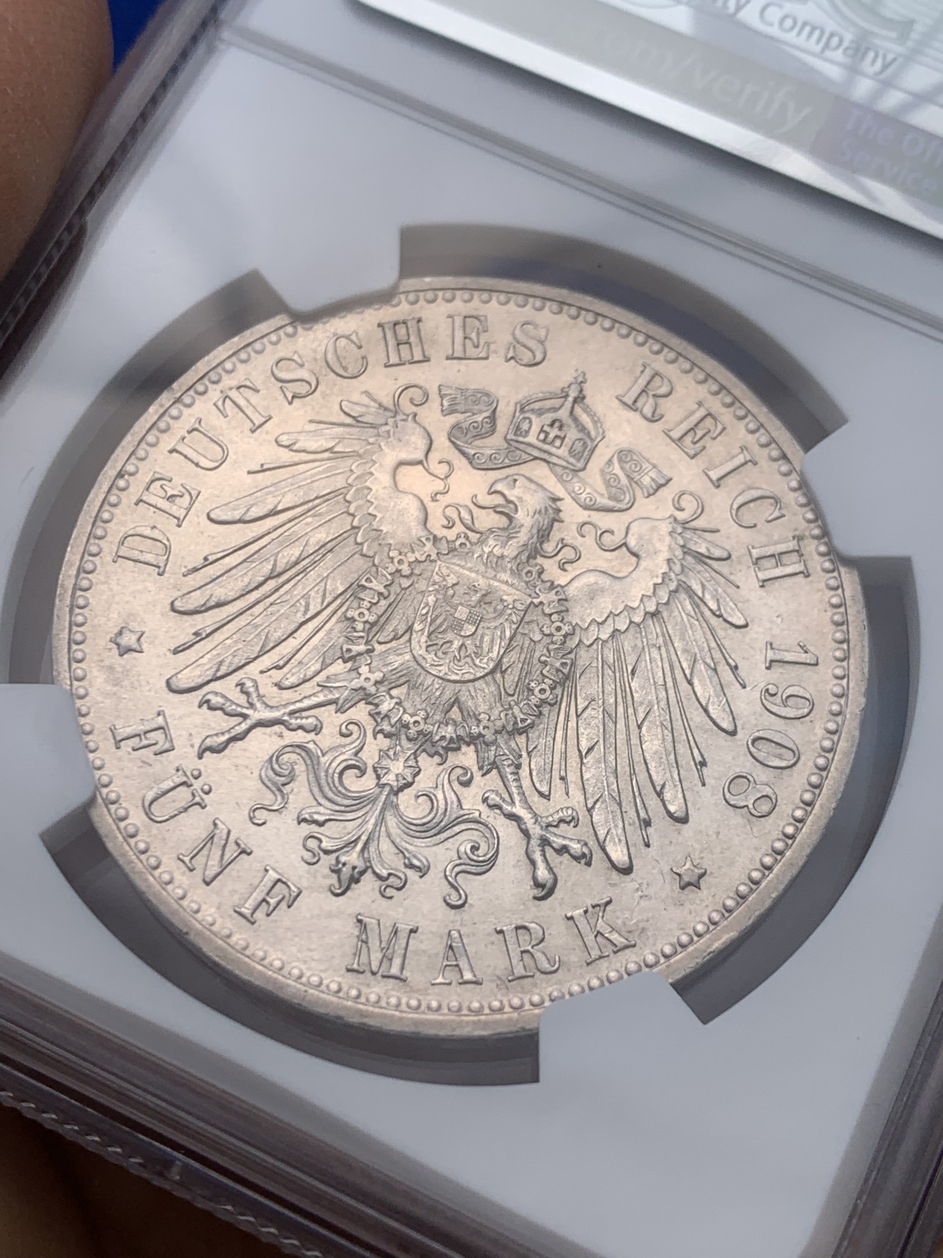 《竞宝斋》圣诞专辑  第一场  第227场 定制纪念章相赠 (全场顺丰包邮) NGC-MS62 德国 1908年 符腾堡5马克银币 流通马克高品难求，比巴伐利亚奥托少，NGC严评。