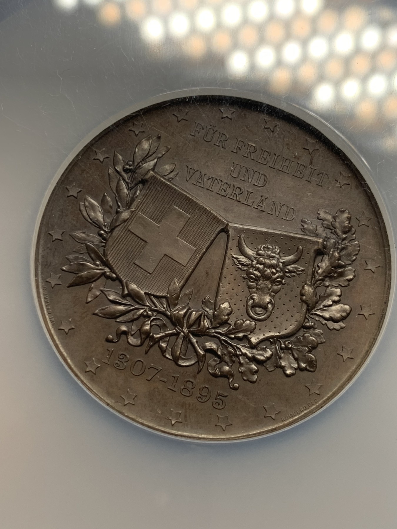 《竞宝斋》圣诞专辑  第一场  第227场 定制纪念章相赠 (全场顺丰包邮) NGC-MS62BN 瑞士 1895年 乌里州射击节大铜章 厚重高浮雕 精致工艺 NGC大盒