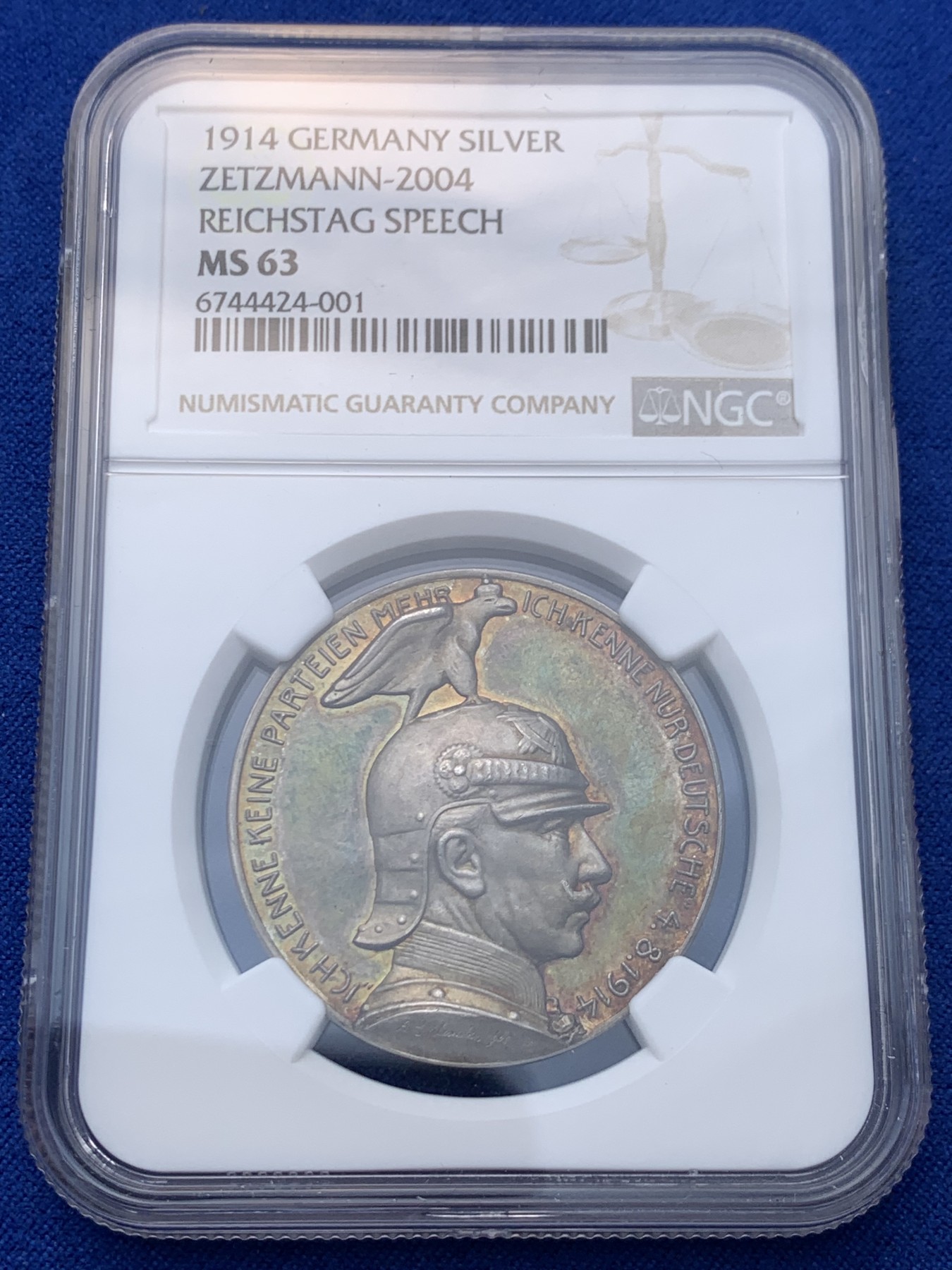 《竞宝斋》圣诞专辑  第一场  第227场 定制纪念章相赠 (全场顺丰包邮) NGC-MS63 德国 1914年 德皇威廉二世一战动员纪念高浮雕银章 绚丽五彩 ngc唯一亚军分 更高分只有一枚 一步到位的品相 足以自藏 麦稀奇今年9月同品种61分成交价含佣1617元