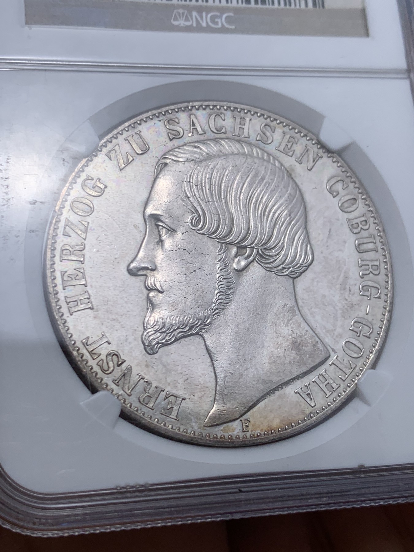 《竞宝斋》圣诞专辑  第一场  第227场 定制纪念章相赠 (全场顺丰包邮) 冠军分 NGC MS62 德国 1854 萨克森-科堡-哥达公爵 恩斯特二世 2泰勒大银币 单一年份稀少品种  PL底板 他的弟弟便是维多利亚女王的丈夫 Ha拍卖原物来价5160美元