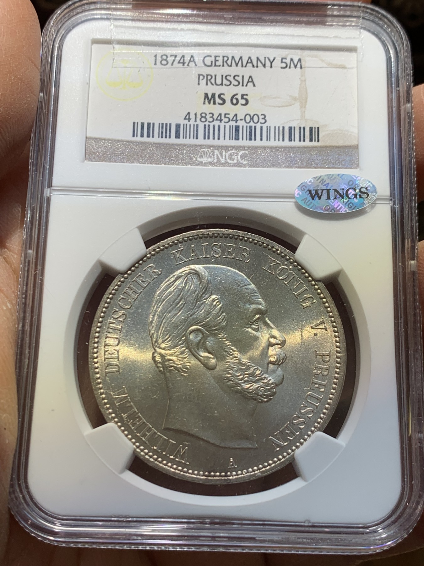 《竞宝斋》圣诞专辑  第一场  第227场 定制纪念章相赠 (全场顺丰包邮) NGC- MS65 德国 1874  威廉一世5马克银币 车轮十字光 带WINGS认证标签 实至名归