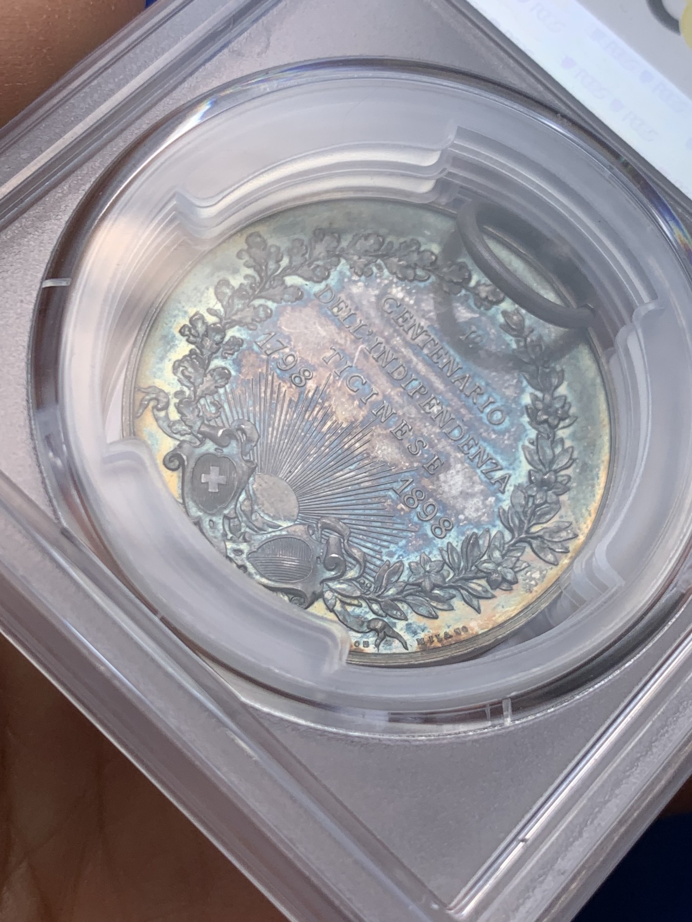 《竞宝斋》圣诞专辑  第一场  第227场 定制纪念章相赠 (全场顺丰包邮) PCGS-SP65 瑞士 1898年 蒂奇诺独立100周年 银章 五彩包浆 精致工艺 PC加厚盒 唯一冠军分