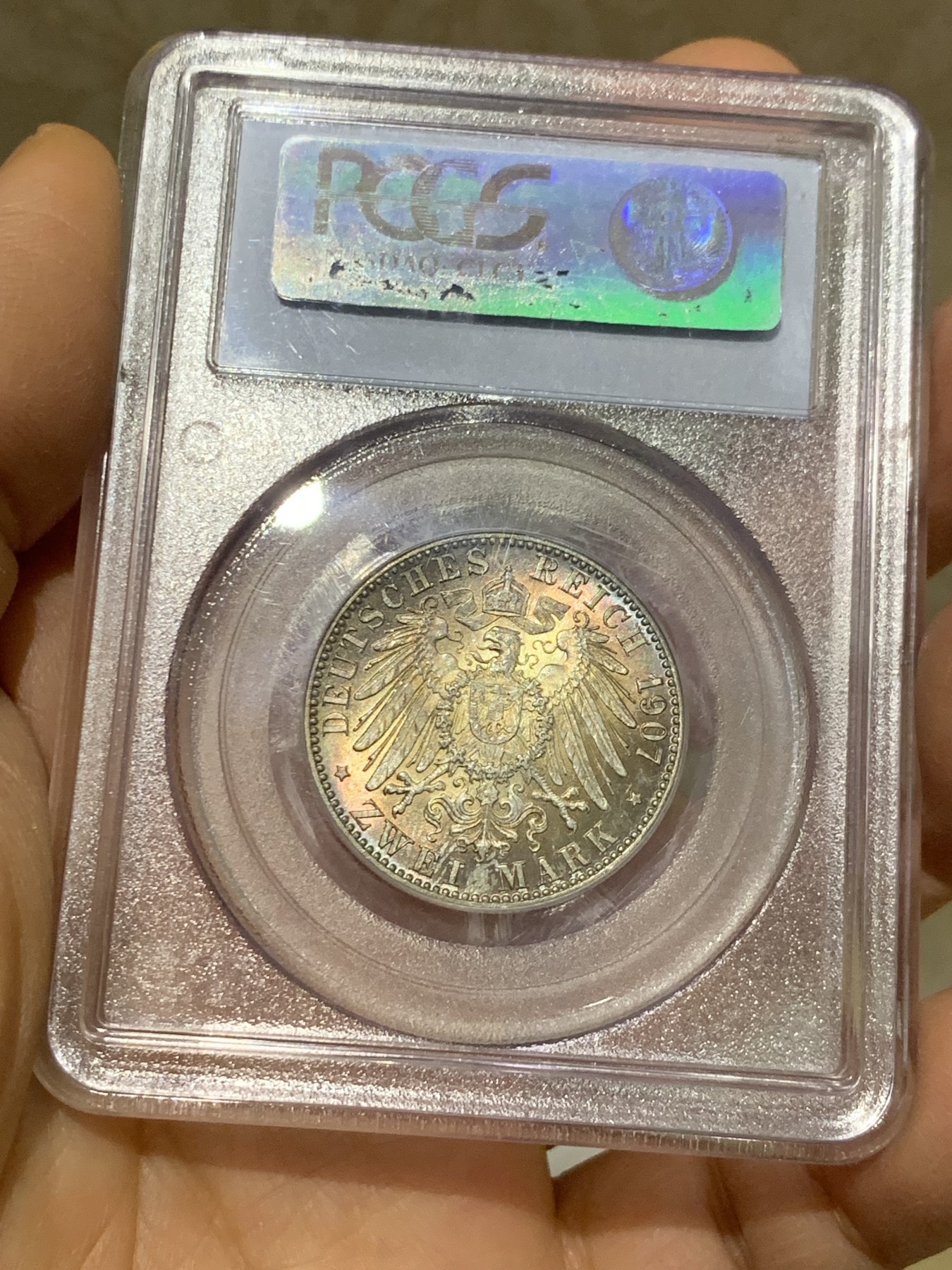 《竞宝斋》圣诞专辑  第一场  第227场 定制纪念章相赠 (全场顺丰包邮) PCGS MS67，德国1907巴登逝世纪念2马克银币，五彩包浆车轮光，2020年1月，SBP拍品，240美金，注:老白盒配官方高清图极罕见