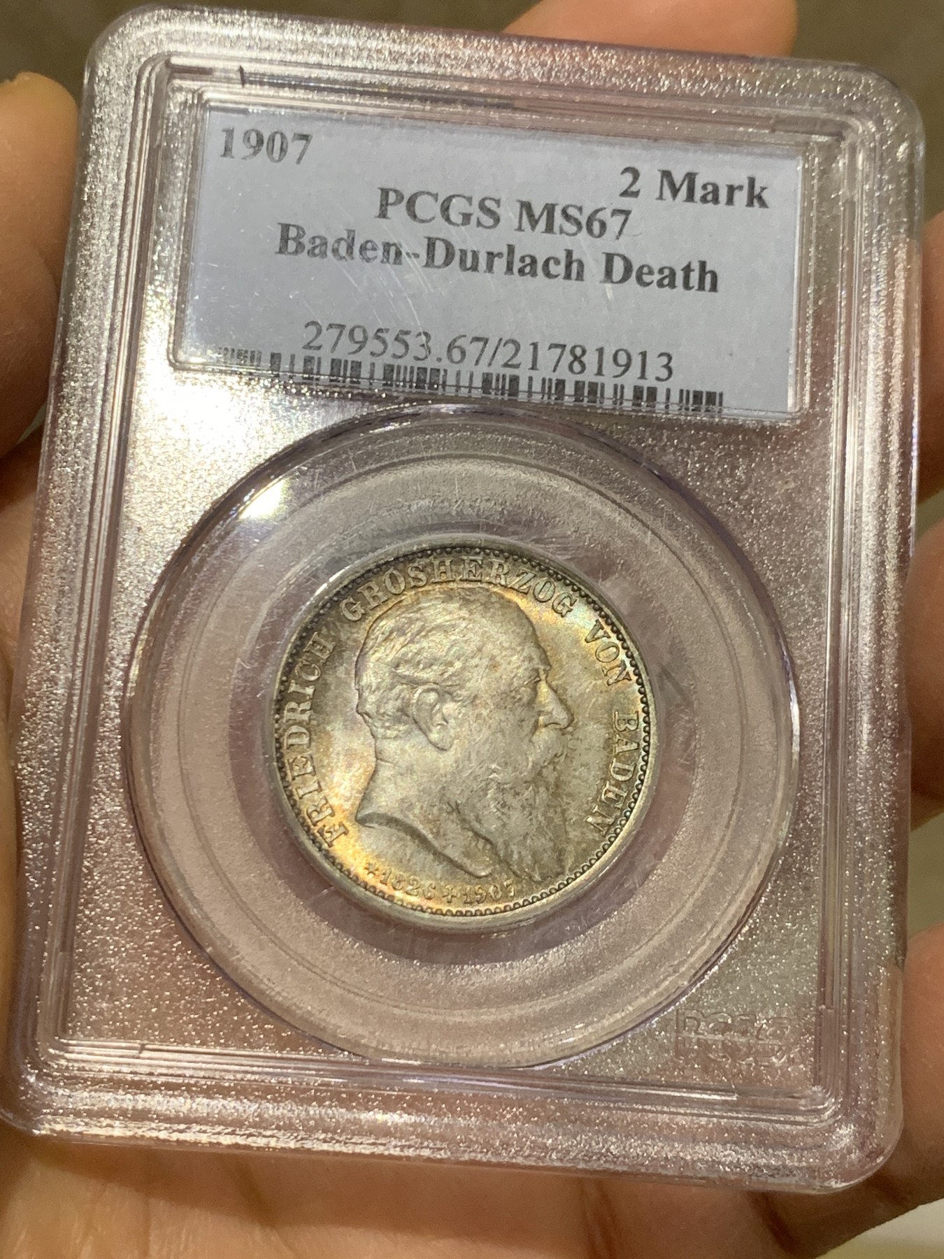 《竞宝斋》圣诞专辑  第一场  第227场 定制纪念章相赠 (全场顺丰包邮) PCGS MS67，德国1907巴登逝世纪念2马克银币，五彩包浆车轮光，2020年1月，SBP拍品，240美金，注:老白盒配官方高清图极罕见