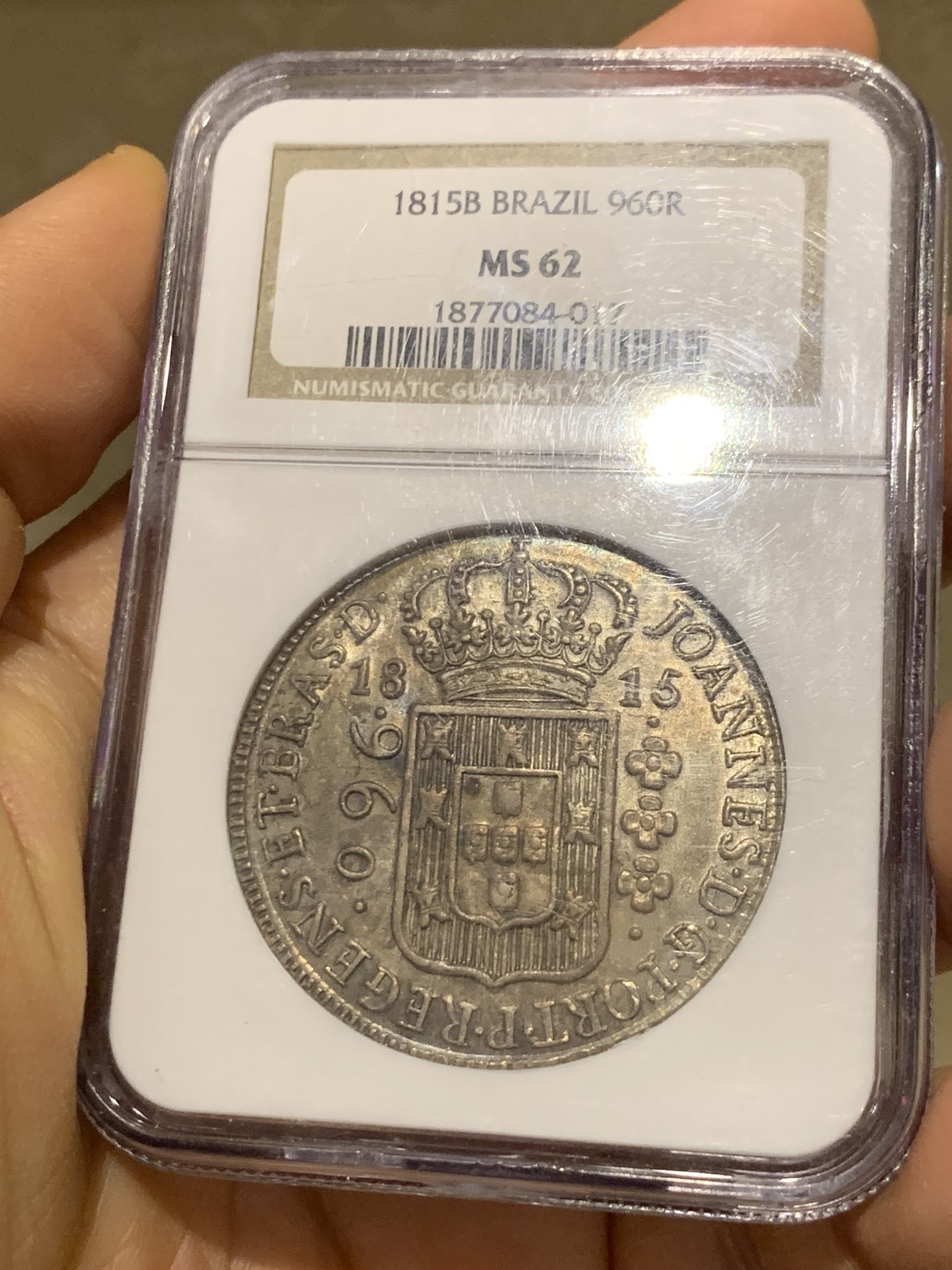 《竞宝斋》圣诞专辑  第二场  第228场 定制纪念章相赠 (全场顺丰包邮) NGC MS62 巴西1815年地球960瑞斯大银币 双面全深打 底板光洁 非常好