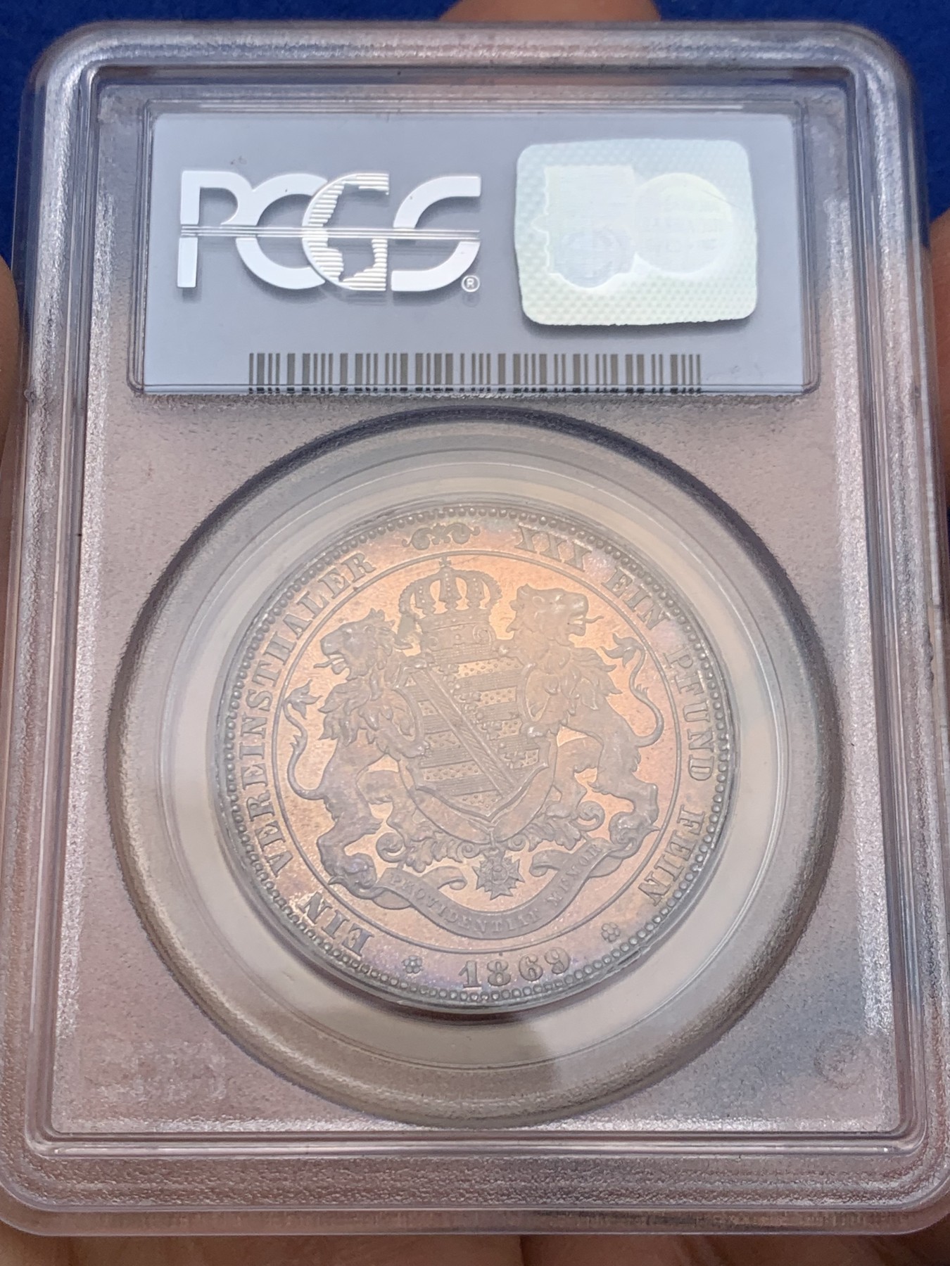 《竞宝斋》圣诞专辑  第一场  第227场 定制纪念章相赠 (全场顺丰包邮) 唯一冠军分 PCGS PR66 德国 1869 萨克森 双狮泰勒 紫罗兰包浆 底板如镜，P早期盒装 可遇不可求的状态