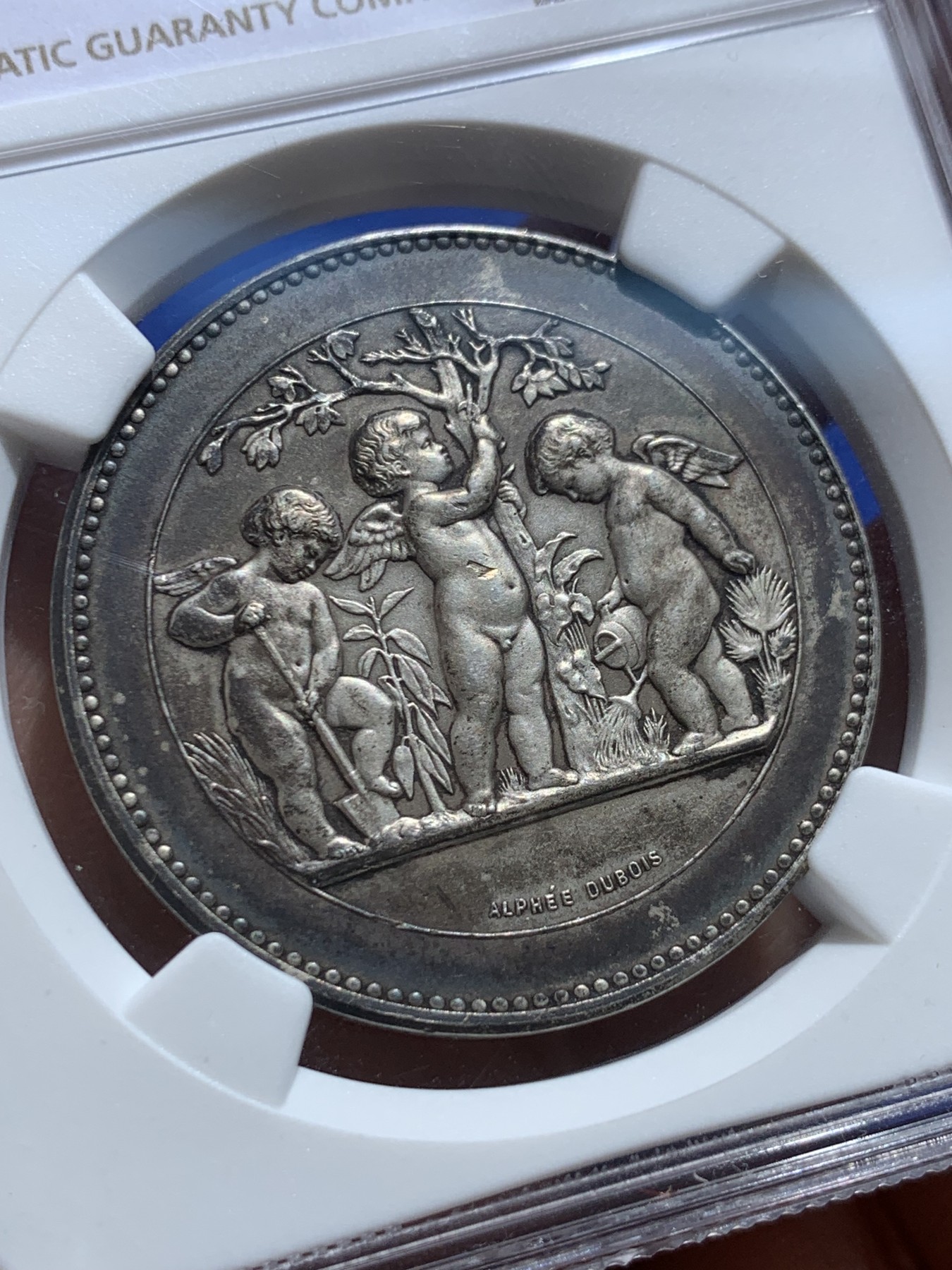 《竞宝斋》圣诞专辑  第一场  第227场 定制纪念章相赠 (全场顺丰包邮) NGC-MS61，法国园艺儿童小天使艺术派银章。醇厚老包浆，章牌大师dubios作品。稀有程度远少于同期银币。MS可藏状态非常难得。