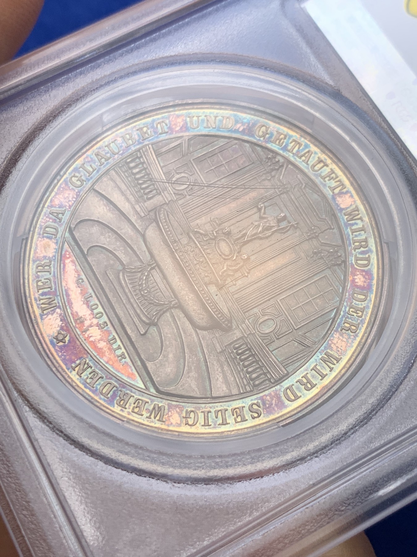 《竞宝斋》圣诞专辑  第一场  第227场 定制纪念章相赠 (全场顺丰包邮) PCGS SP64 德国1800宗教洗礼银章，名家loos作品，五彩镭射完美品，封面广告章