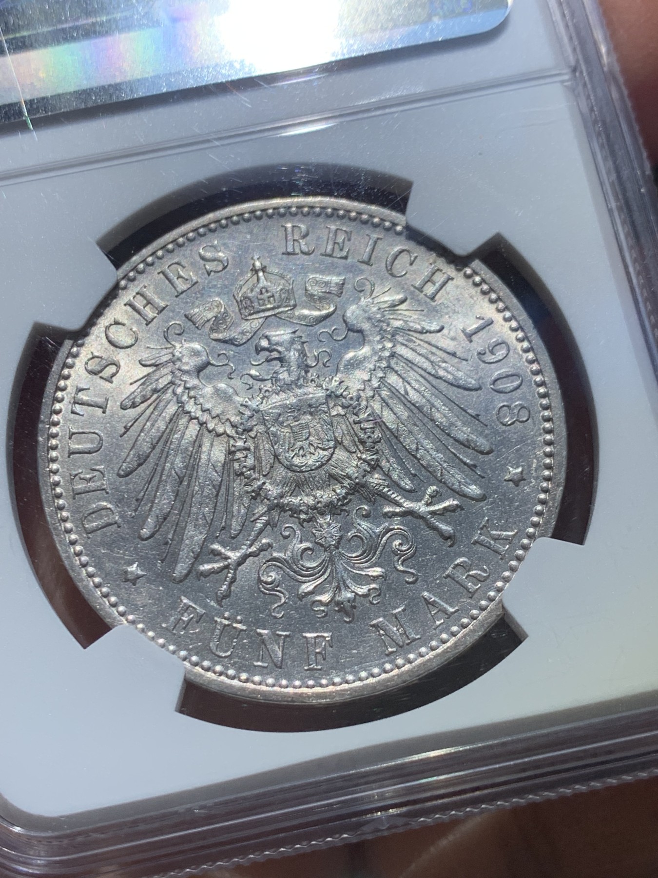 《竞宝斋》圣诞专辑  第一场  第227场 定制纪念章相赠 (全场顺丰包邮) NGC-MS62 德国 1908年 符腾堡5马克银币 流通马克高品难求，比巴伐利亚奥托少，NGC严评。