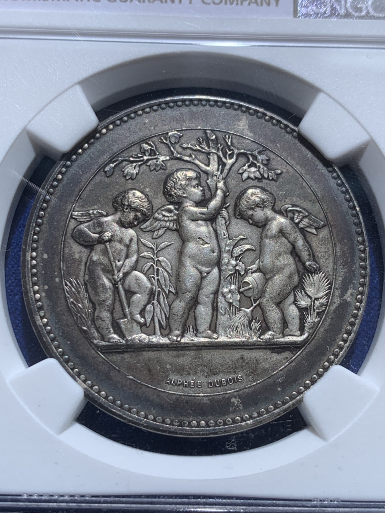 《竞宝斋》圣诞专辑  第一场  第227场 定制纪念章相赠 (全场顺丰包邮) NGC-MS61，法国园艺儿童小天使艺术派银章。醇厚老包浆，章牌大师dubios作品。稀有程度远少于同期银币。MS可藏状态非常难得。