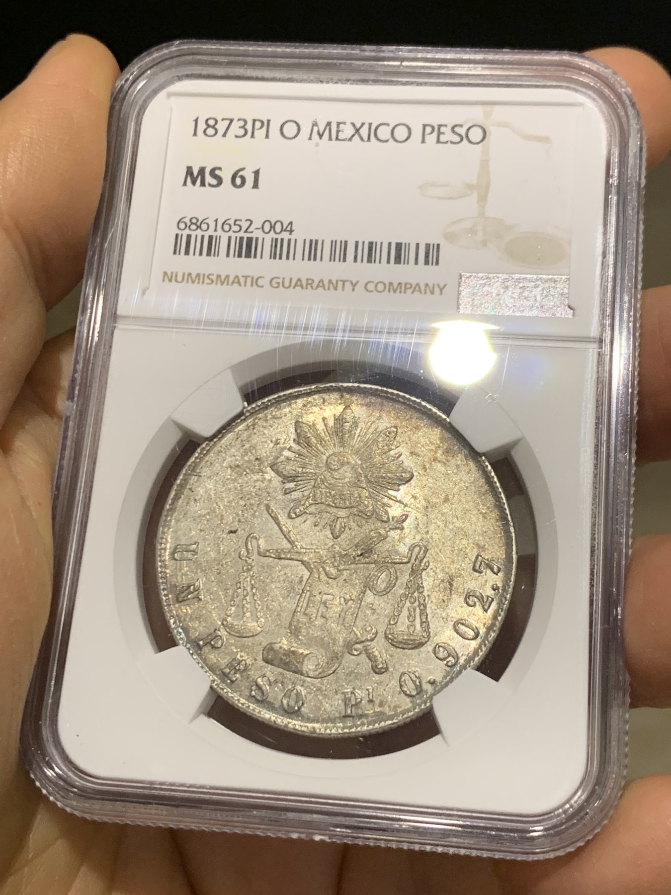 《竞宝斋》圣诞专辑  第二场  第228场 定制纪念章相赠 (全场顺丰包邮) NGC MS61 墨西哥 1873年 PI 天平鹰洋 1比索银币 底板带光 包浆带彩 非常不错