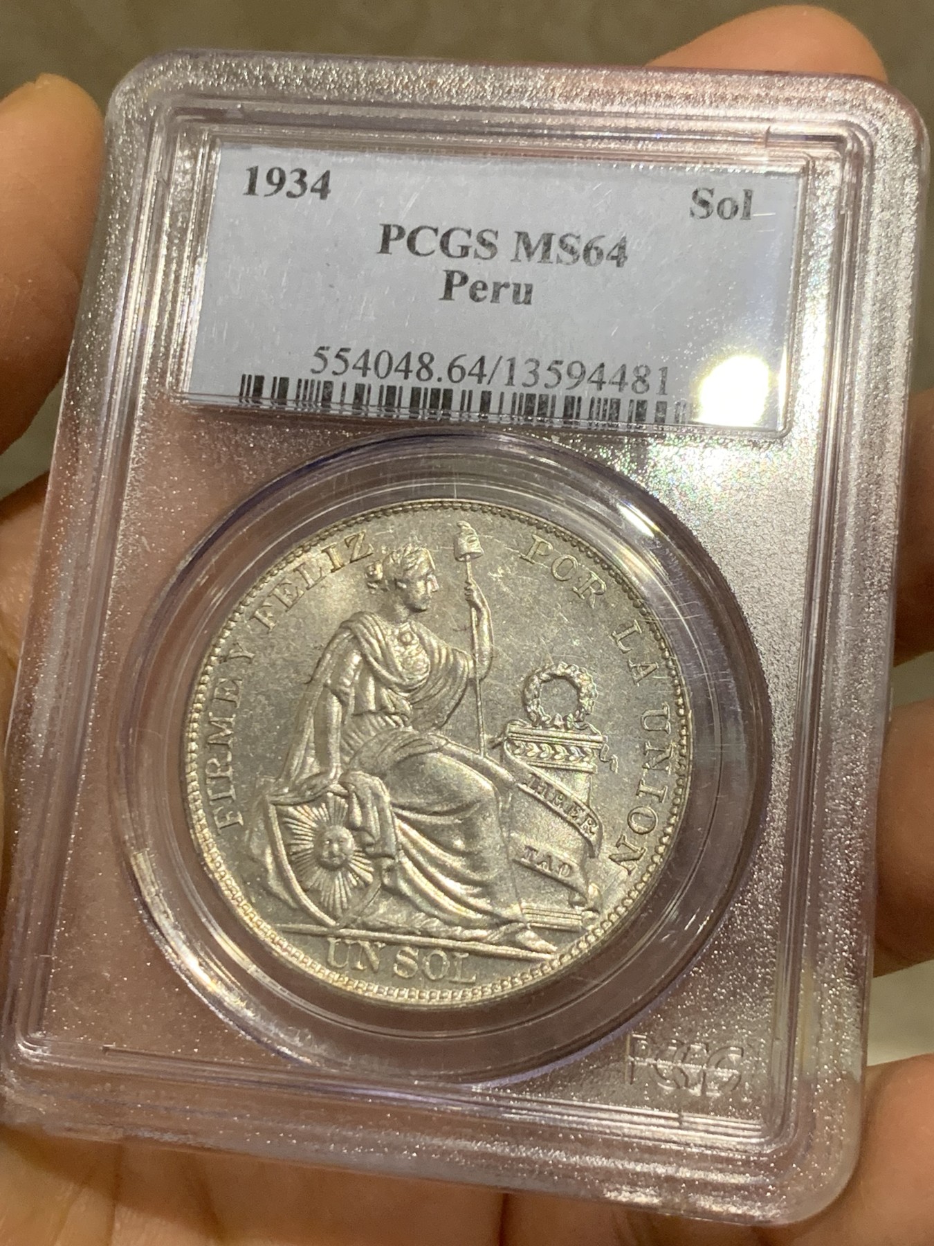 《竞宝斋》圣诞专辑  第二场  第228场 定制纪念章相赠 (全场顺丰包邮) PCGS-MS64 秘鲁 1934年 1索尔 pc早期老白盒 光度十足 分数高