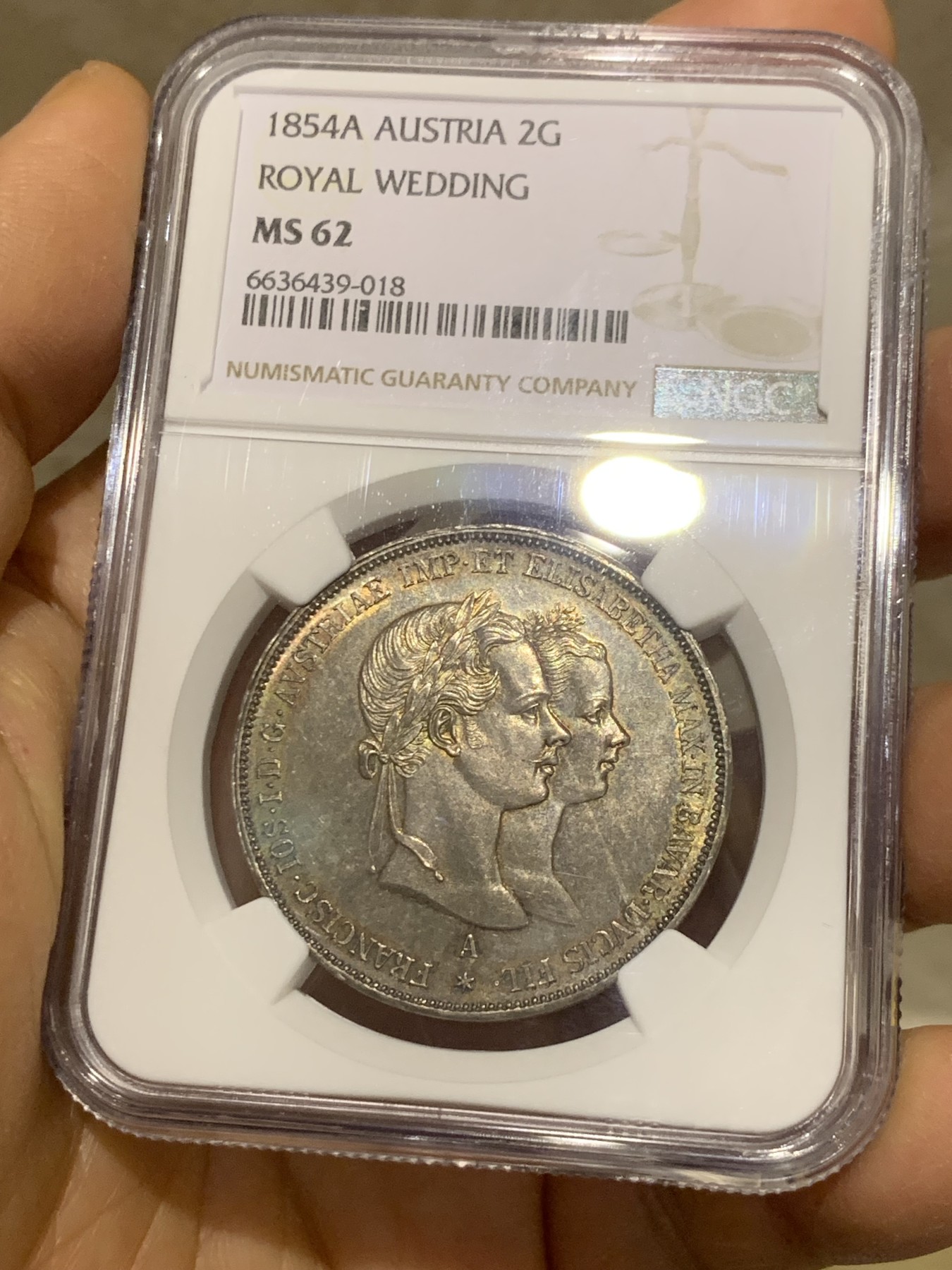 《竞宝斋》圣诞专辑  第二场  第228场 定制纪念章相赠 (全场顺丰包邮) NGC-MS62 奥匈帝国 1854年 2盾 茜茜公主大婚纪念银币 包浆纯粹 浮雕神圣深邃 年度收藏精选