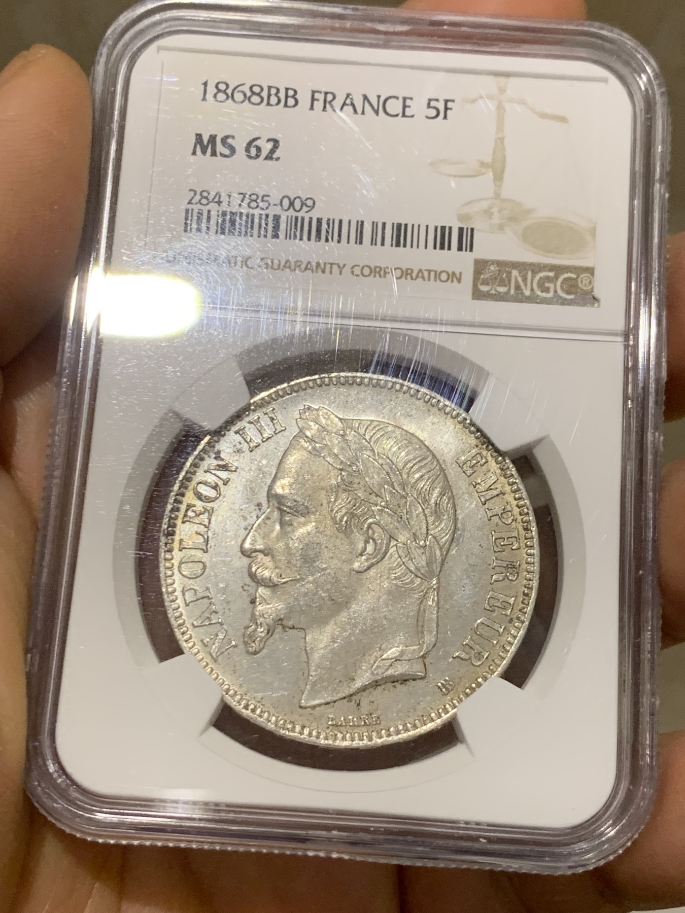 《竞宝斋》圣诞专辑  第二场  第228场 定制纪念章相赠 (全场顺丰包邮) NGC-MS62 法兰西第二帝国 拿破仑三世 1868年5法郎银币  细节满满  淡黄包浆 车轮光犹在 通货常见好品难得  值得入手