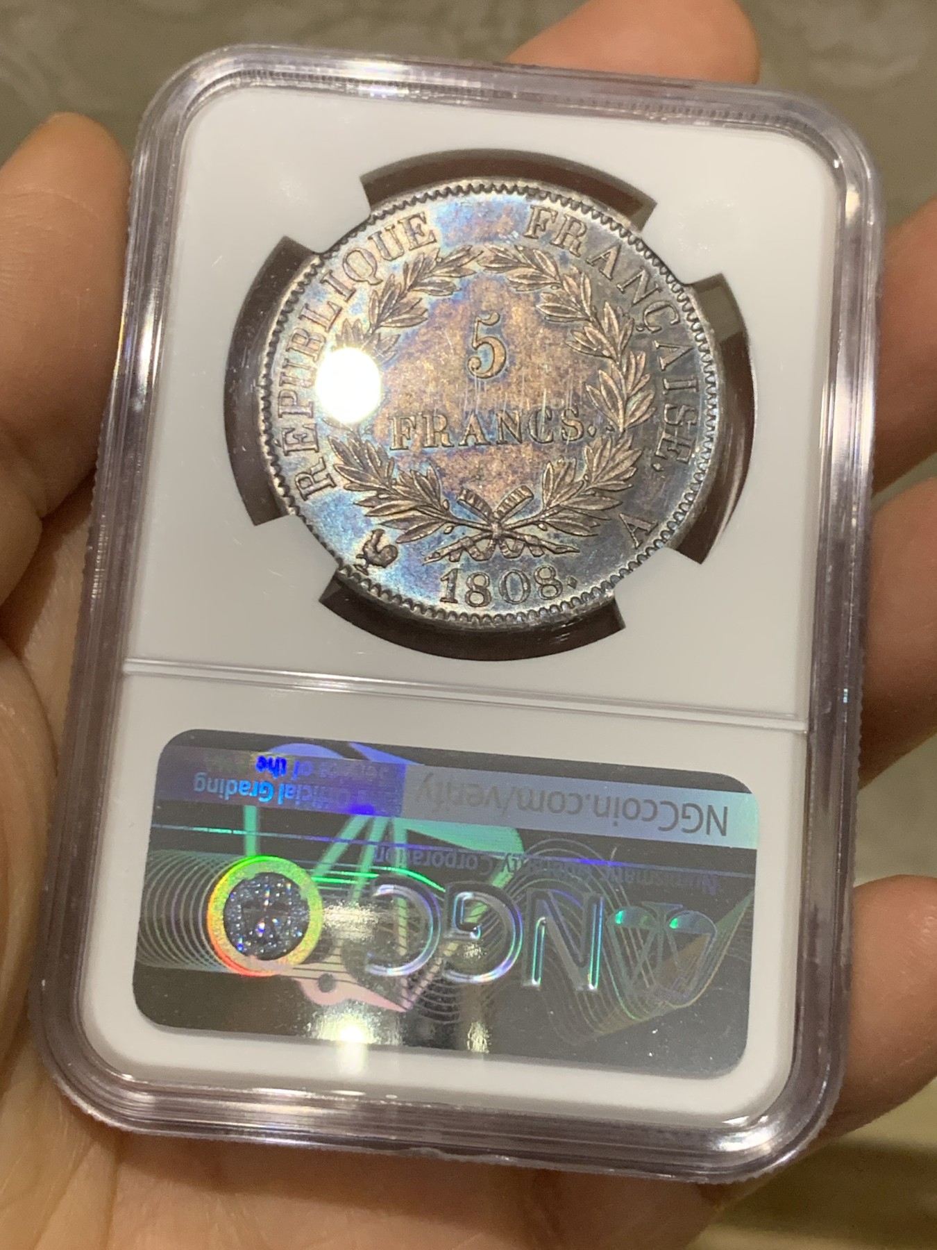 《竞宝斋》圣诞专辑  第二场  第228场 定制纪念章相赠 (全场顺丰包邮) NGC-AU55 法国1808年拿破仑大帝5法郎银币 特年，是拿破仑皇帝桂冠头像的共和版唯一年份，炫彩紫老包浆，有转光，状态极佳