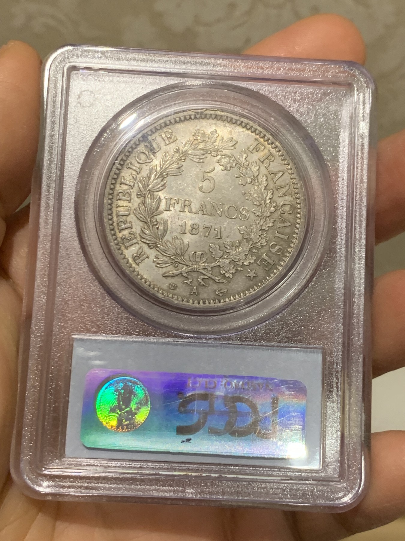 《竞宝斋》圣诞专辑  第二场  第228场 定制纪念章相赠 (全场顺丰包邮) PCGS-MS63 法国 1871巴黎公社大力神5法郎银币，这不是三共也不是二共，而是第一个无产阶级临时政府，厂标三叉戟，国内首见！