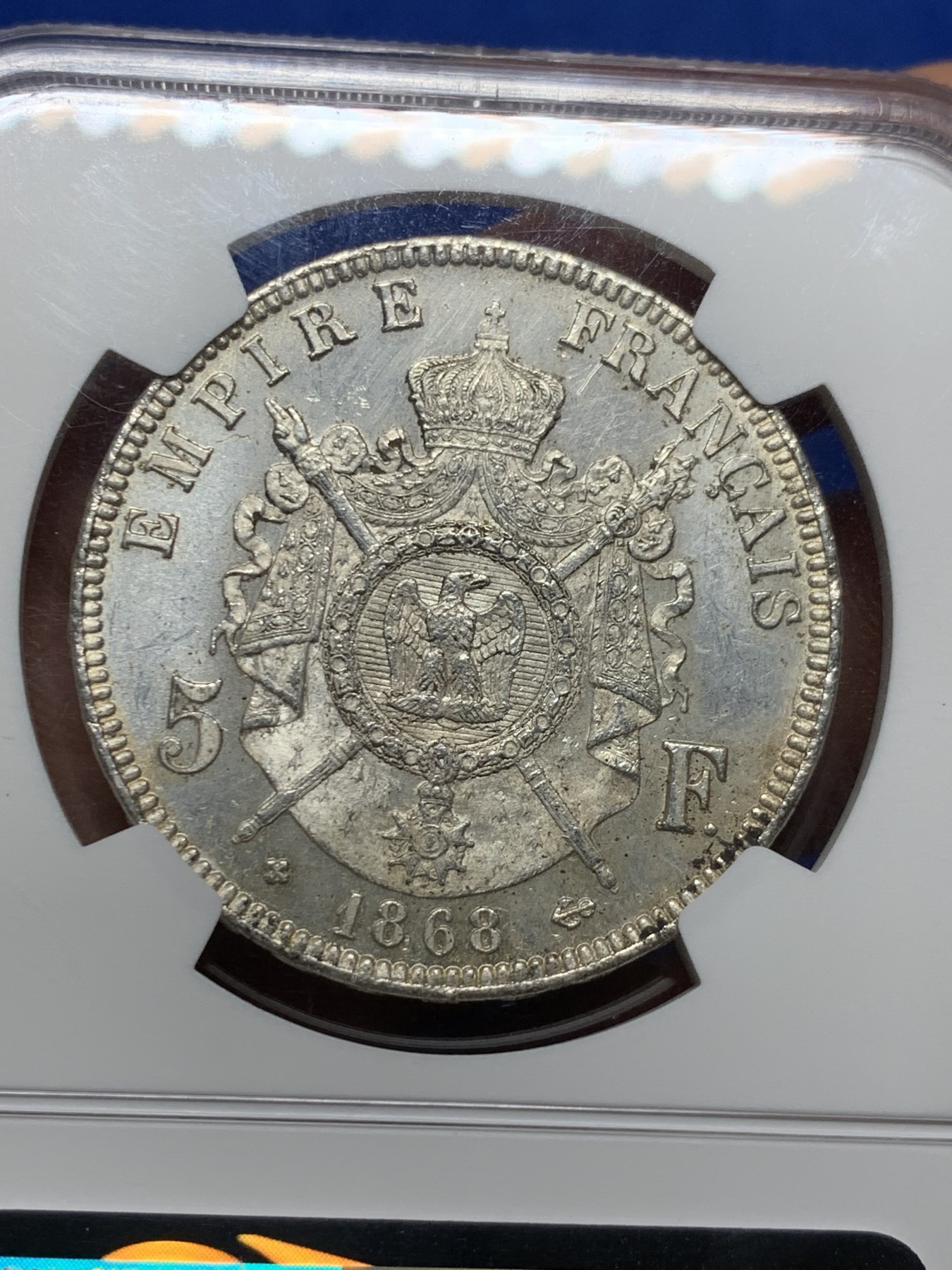 《竞宝斋》圣诞专辑  第二场  第228场 定制纪念章相赠 (全场顺丰包邮) NGC-MS62 法兰西第二帝国 拿破仑三世 1868年5法郎银币  细节满满  淡黄包浆 车轮光犹在 通货常见好品难得  值得入手