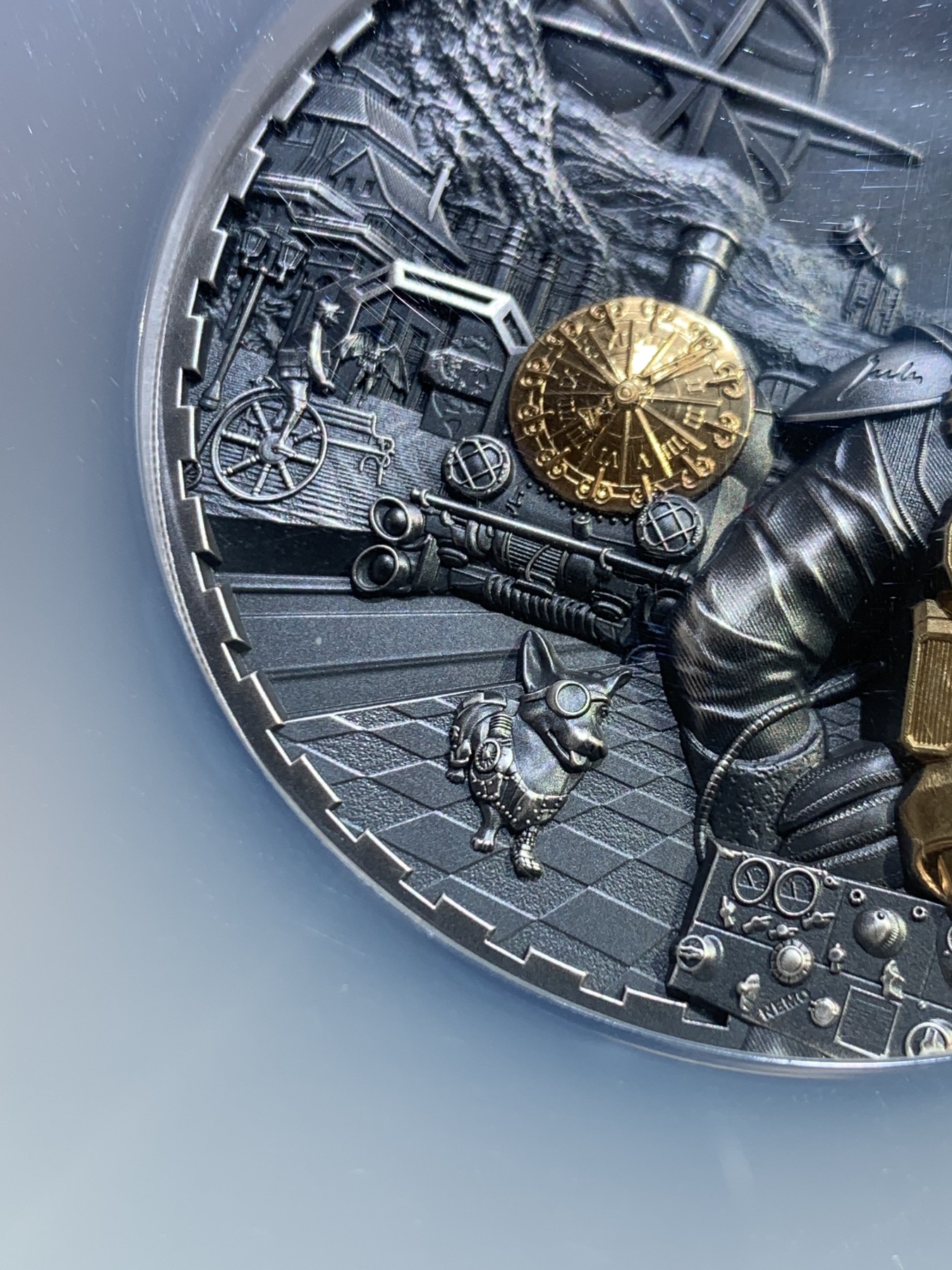 《竞宝斋》圣诞专辑  第二场  第228场 定制纪念章相赠 (全场顺丰包邮) NGC MS70 2021年库克蒸汽朋克系列-喷气背包浮雕镀金仿古纪念银币 盒装  50mm 3盎司 999银 发行量888枚