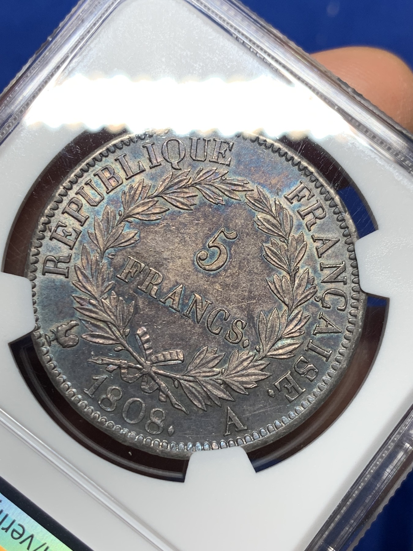 《竞宝斋》圣诞专辑  第二场  第228场 定制纪念章相赠 (全场顺丰包邮) NGC-AU55 法国1808年拿破仑大帝5法郎银币 特年，是拿破仑皇帝桂冠头像的共和版唯一年份，炫彩紫老包浆，有转光，状态极佳