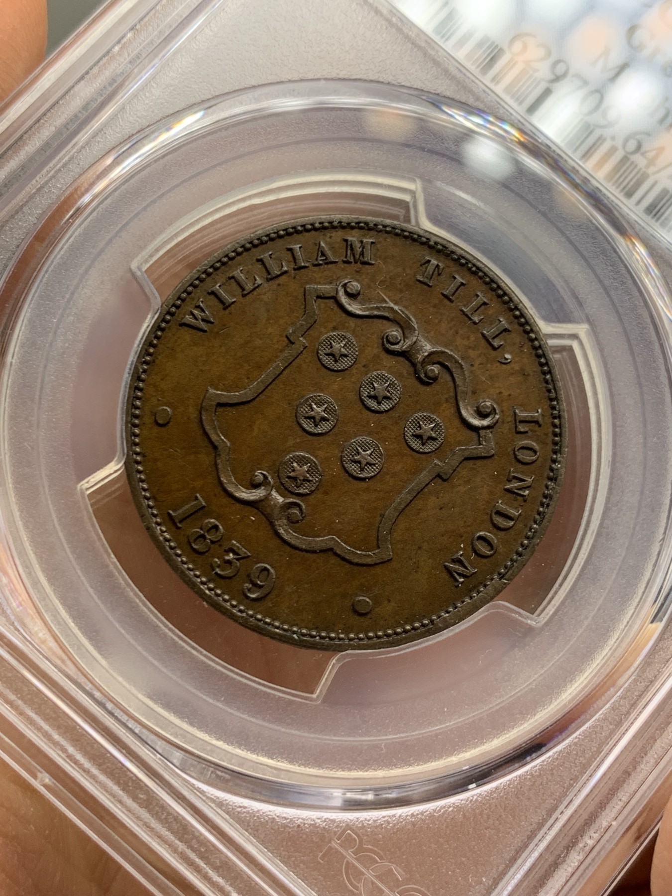 《竞宝斋》圣诞专辑  第二场  第228场 定制纪念章相赠 (全场顺丰包邮) PCGS MS64 冠军 英国1839年Token半便士，著名币商William Till广告币