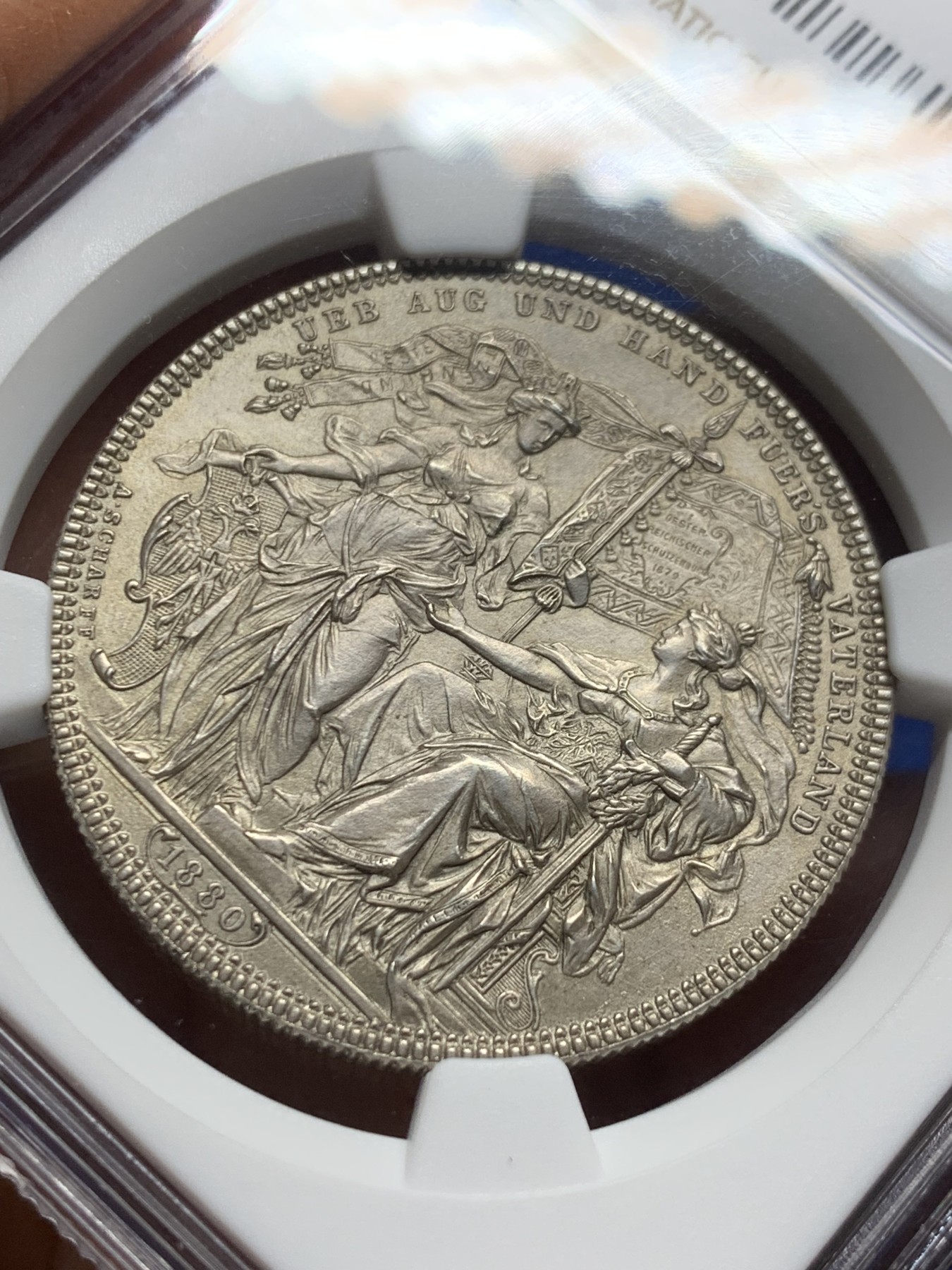 《竞宝斋》圣诞专辑  第二场  第228场 定制纪念章相赠 (全场顺丰包邮) NGC-MS65 奥地利 1880 射击节泰勒/2弗洛林 浮雕生动 构图精妙 安东 沙夫 经典设计 NGC亚军分 首拍品种