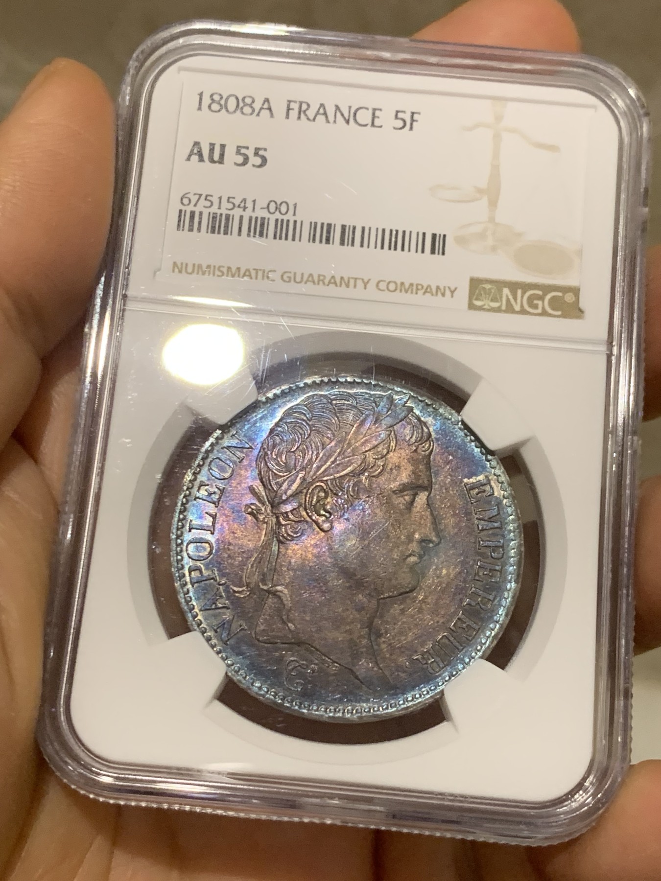 《竞宝斋》圣诞专辑  第二场  第228场 定制纪念章相赠 (全场顺丰包邮) NGC-AU55 法国1808年拿破仑大帝5法郎银币 特年，是拿破仑皇帝桂冠头像的共和版唯一年份，炫彩紫老包浆，有转光，状态极佳