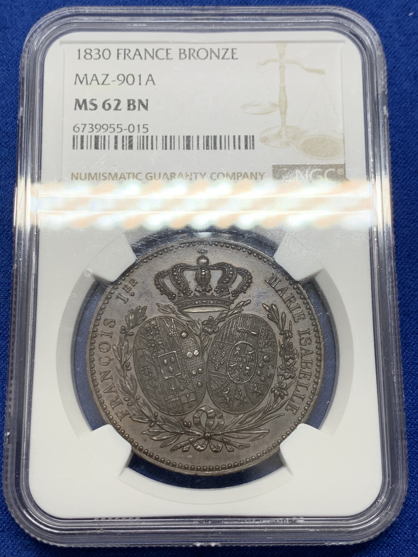 《竞宝斋》圣诞专辑  第二场  第228场 定制纪念章相赠 (全场顺丰包邮) NGC MS62BN 1830法国5法郎铜样币，纪念两西西里国王&王后参观巴黎造币厂而发行的铜质样币，发行量只有200枚！低评，克劳斯目录价高。
