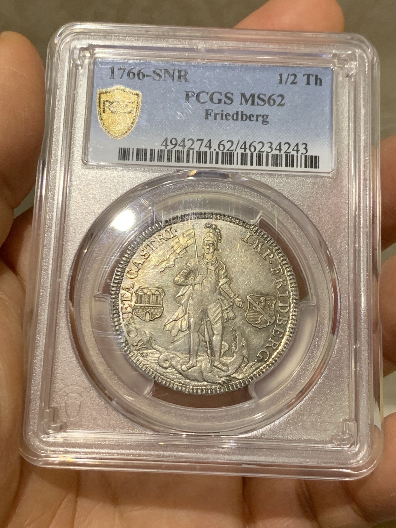《竞宝斋》圣诞专辑  第二场  第228场 定制纪念章相赠 (全场顺丰包邮) PCGS-MS62 1766神圣罗马帝国弗里德贝格重甲武士1/2泰勒银币 非常少见，PL底板