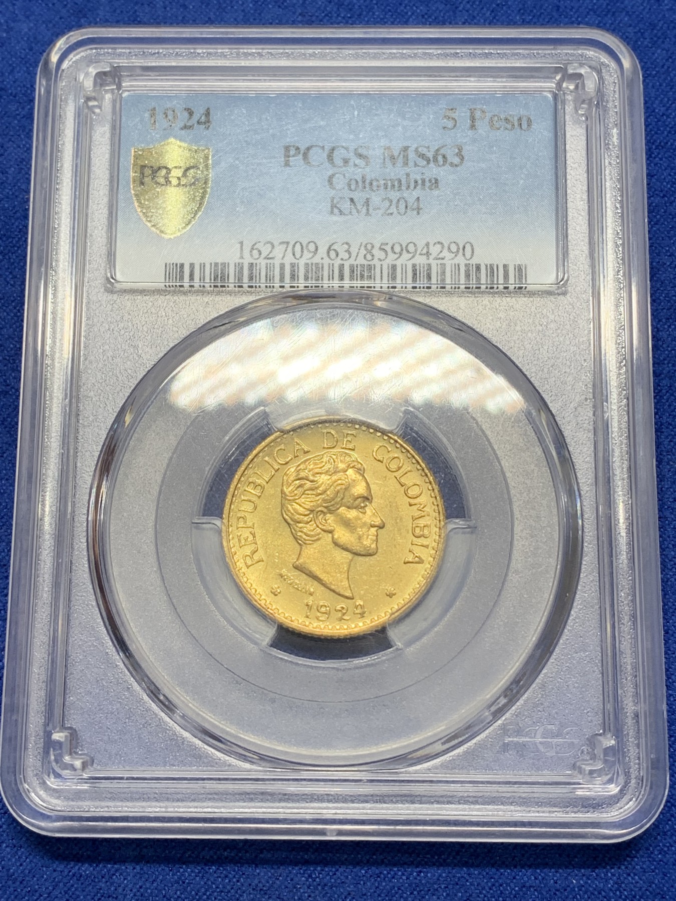 《竞宝斋》圣诞专辑  第二场  第228场 定制纪念章相赠 (全场顺丰包邮) PCGS MS63 哥伦比亚 1924年5比索金币 7.988g 916金