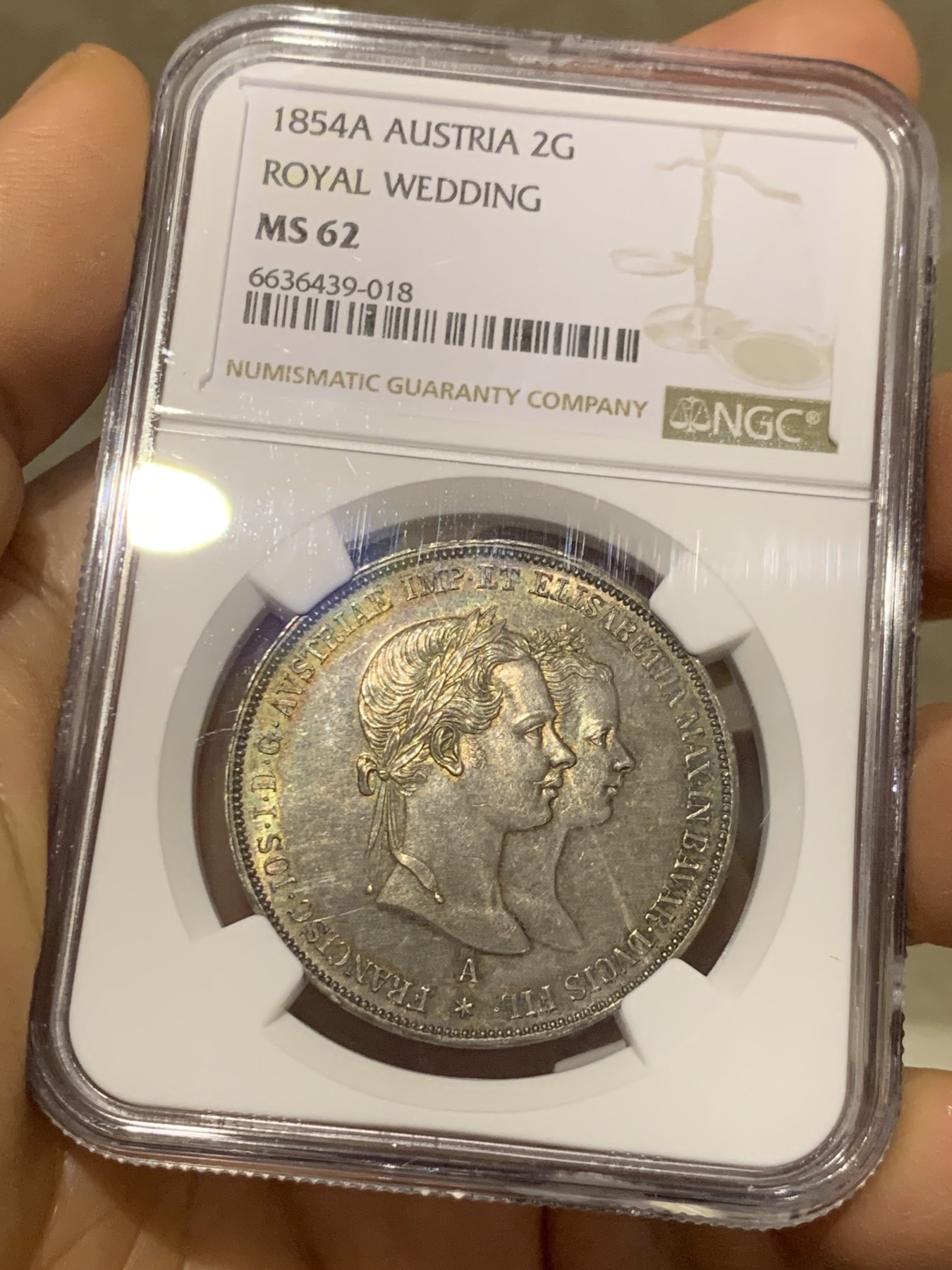 《竞宝斋》圣诞专辑  第二场  第228场 定制纪念章相赠 (全场顺丰包邮) NGC-MS62 奥匈帝国 1854年 2盾 茜茜公主大婚纪念银币 包浆纯粹 浮雕神圣深邃 年度收藏精选