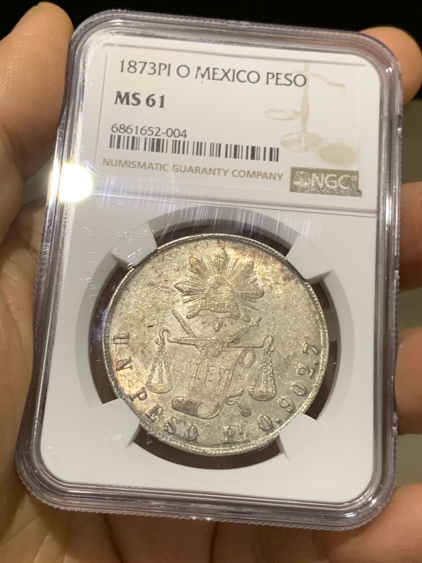 《竞宝斋》圣诞专辑  第二场  第228场 定制纪念章相赠 (全场顺丰包邮) NGC MS61 墨西哥 1873年 PI 天平鹰洋 1比索银币 底板带光 包浆带彩 非常不错