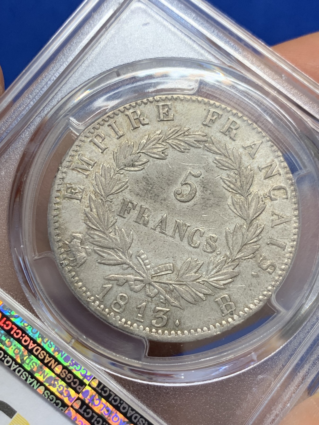 《竞宝斋》圣诞专辑  第二场  第228场 定制纪念章相赠 (全场顺丰包邮) PCGS AU55 法国1813年拿破仑一世5法郎银币 少见鲁昂造币厂 原味带光全深打 55分的1枚 更高分4枚 有分的非常稀少