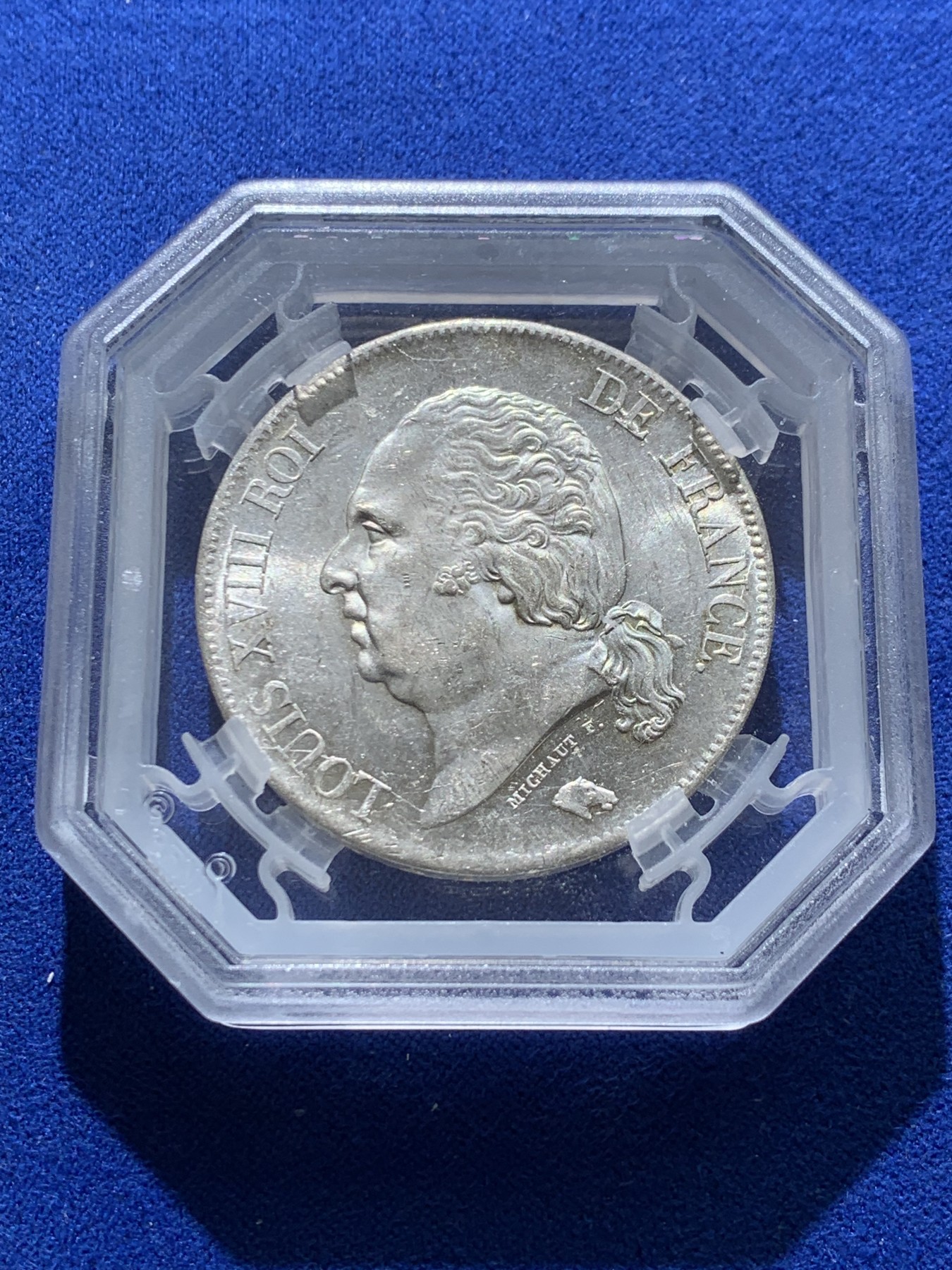 《竞宝斋》圣诞专辑  第二场  第228场 定制纪念章相赠 (全场顺丰包邮) GENI MS62 法国1822年路易十八5法郎银币 顶级原光 geni法国本土评级口碑非常好 特色八角盒设计，送N/P大概率也62，今年6月份ha拍卖行ngcMS62含佣480刀约3500rmb