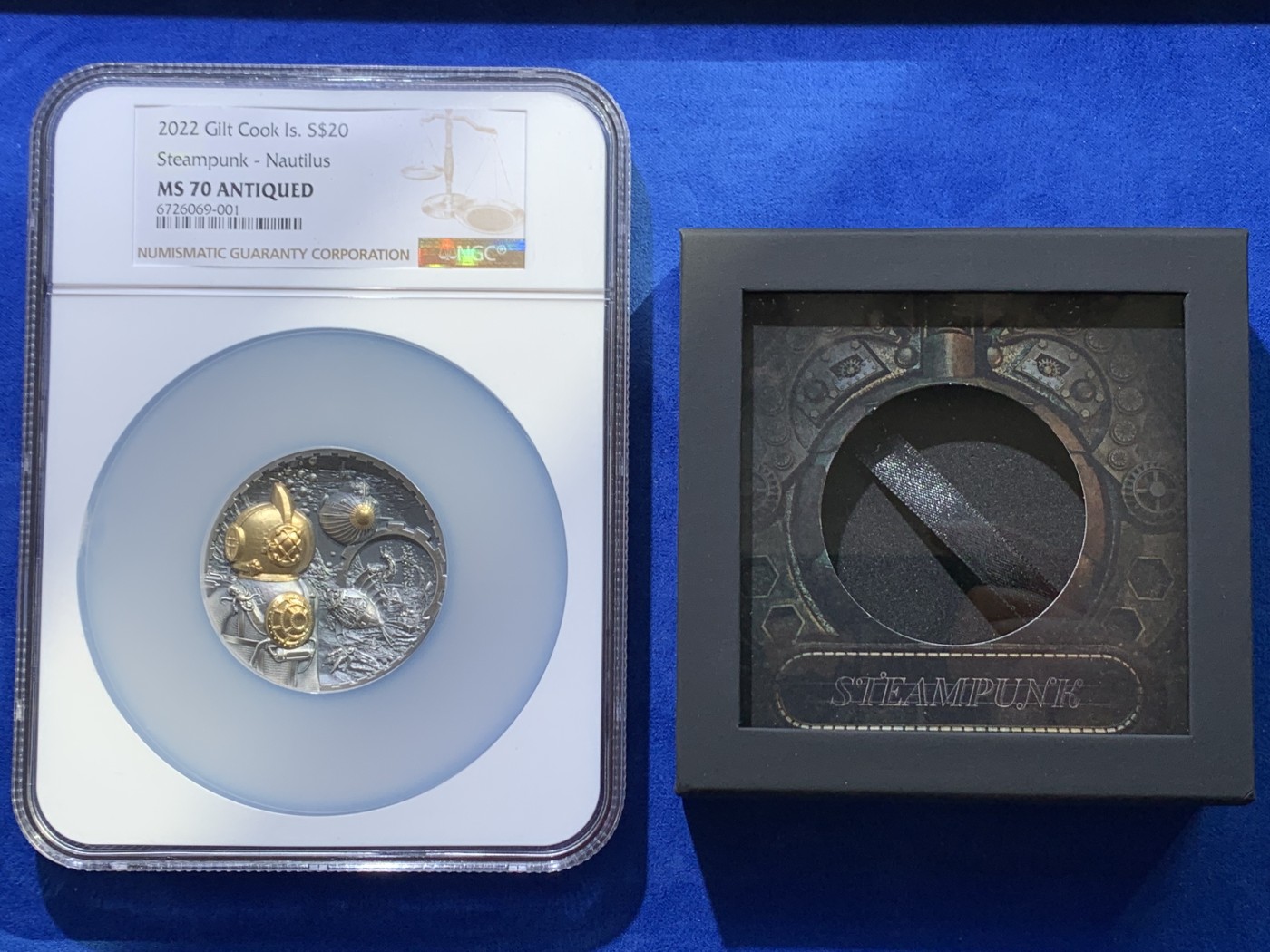 《竞宝斋》圣诞专辑  第二场  第228场 定制纪念章相赠 (全场顺丰包邮) NGC MS70 2022年库克蒸汽朋克系列-鹦鹉螺浮雕镀金仿古纪念银币 盒装  50mm 3盎司 999银 发行量888枚