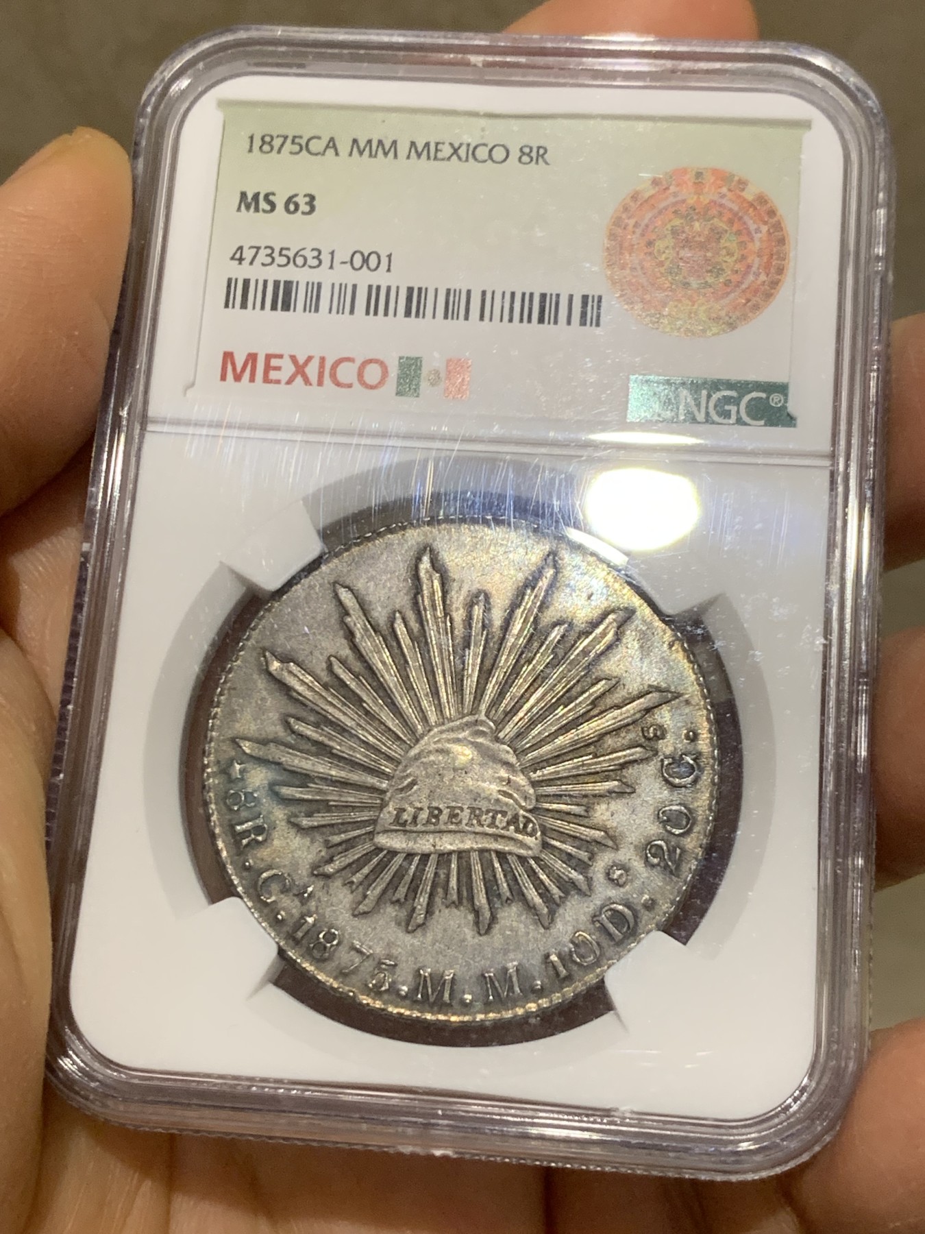 《竞宝斋》圣诞专辑  第二场  第228场 定制纪念章相赠 (全场顺丰包邮) NGC MS63 墨西哥1875年CA版（比较少见的版本）花边鹰洋8瑞尔银币