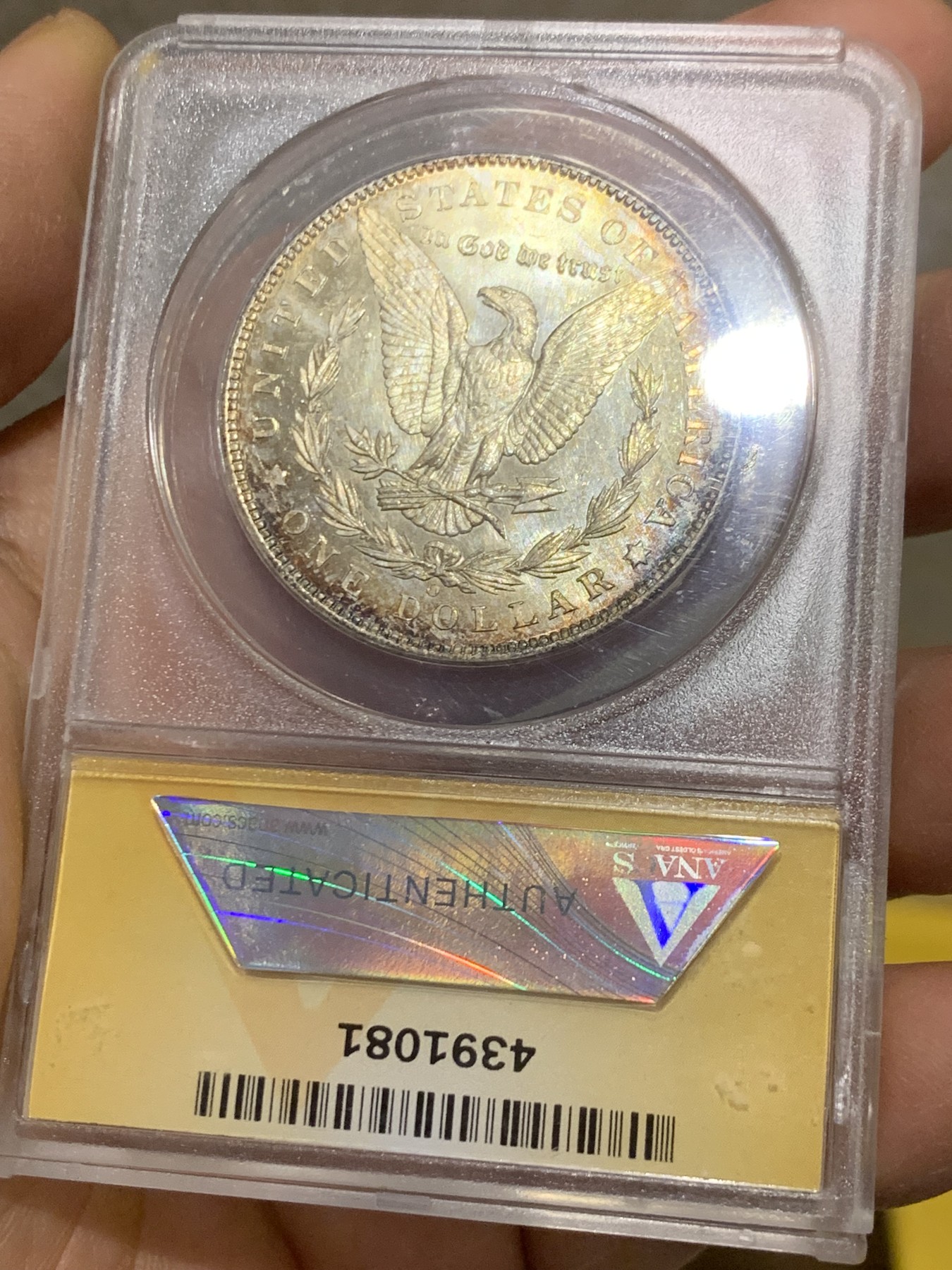 《竞宝斋》圣诞专辑  第二场  第228场 定制纪念章相赠 (全场顺丰包邮) ANACS-MS64PL 美国 1904年 1美元 摩根银币 镜面+金色包浆 可以当镜子的品相