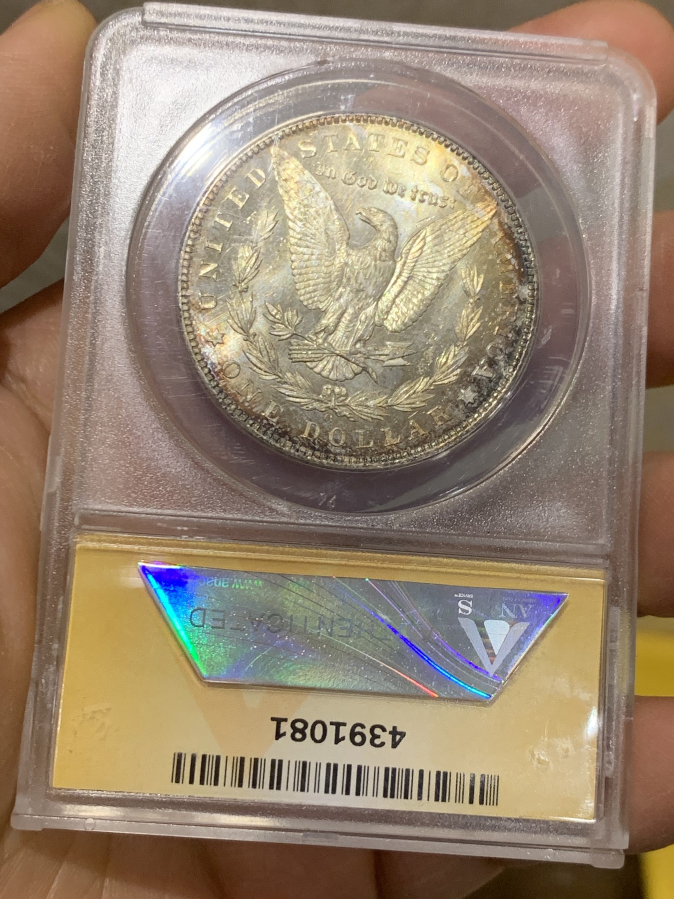 《竞宝斋》圣诞专辑  第二场  第228场 定制纪念章相赠 (全场顺丰包邮) ANACS-MS64PL 美国 1904年 1美元 摩根银币 镜面+金色包浆 可以当镜子的品相