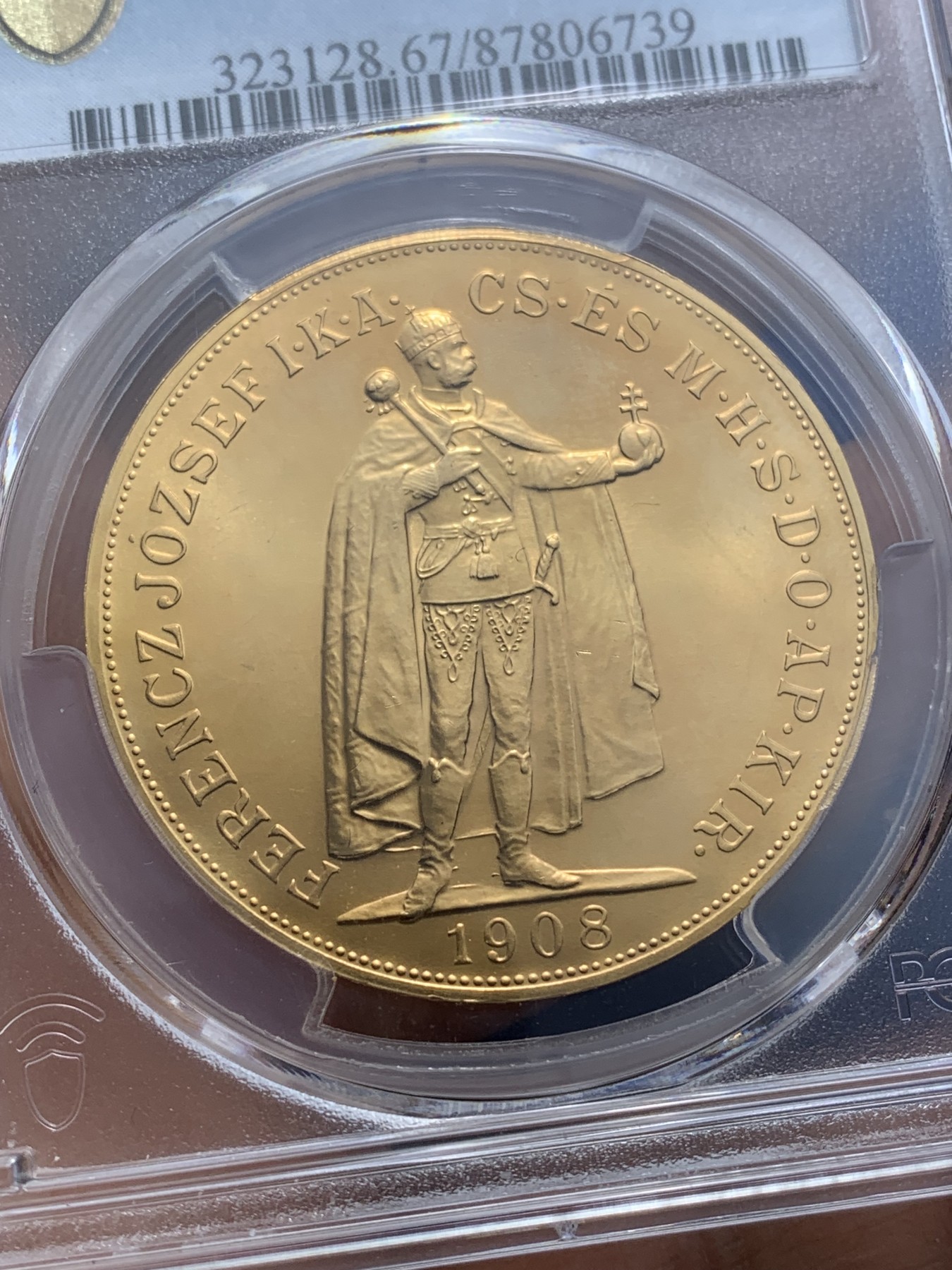 《竞宝斋》圣诞专辑  第二场  第228场 定制纪念章相赠 (全场顺丰包邮) PCGS-MS67 奥匈帝国匈牙利（1908）100克朗金币 后铸 33.88克，成色90%，品相极美