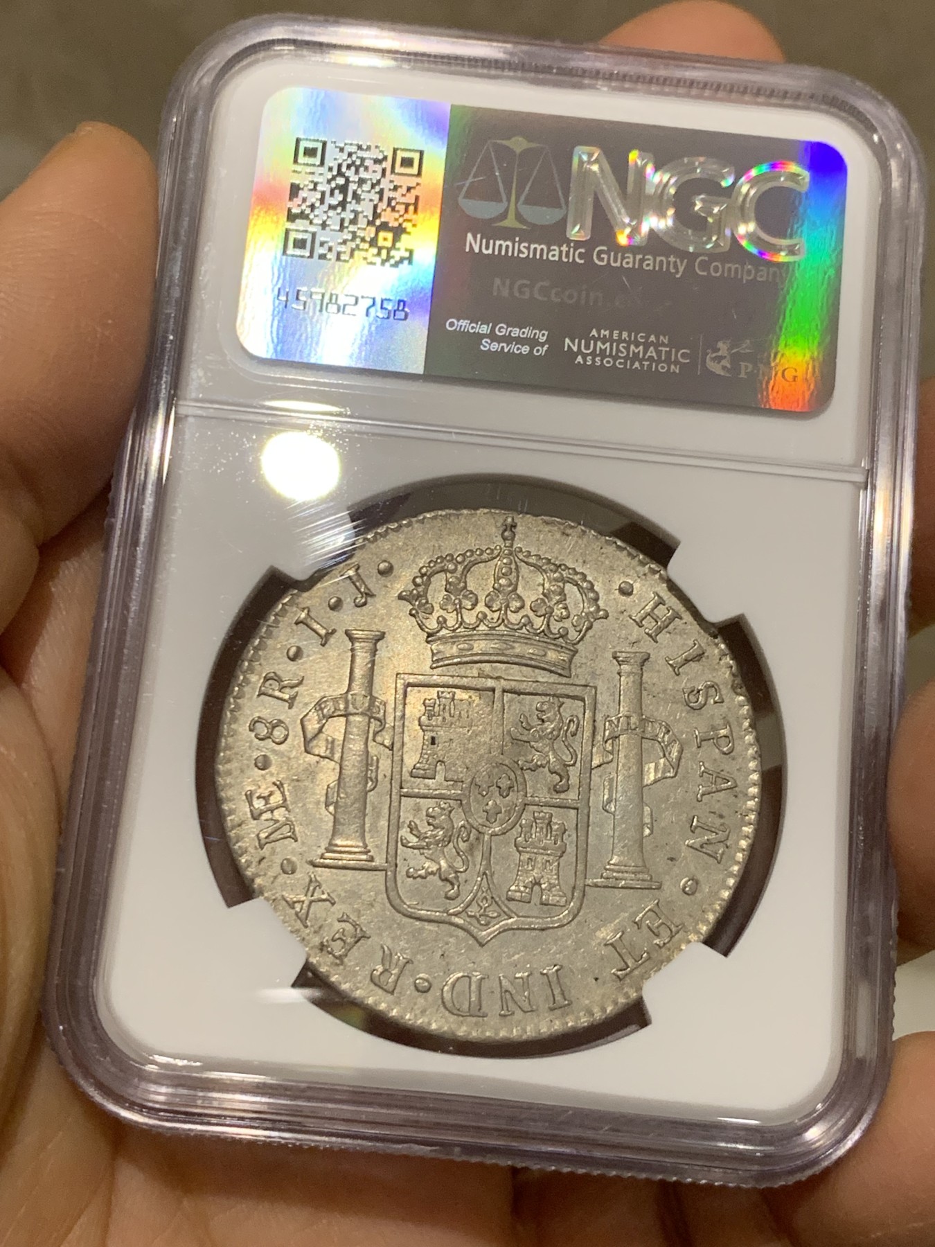 《竞宝斋》圣诞专辑  第二场  第228场 定制纪念章相赠 (全场顺丰包邮) NGC AU58 季军 英国1794年乔治三世加盖秘鲁8里亚尔，秘鲁加盖少见