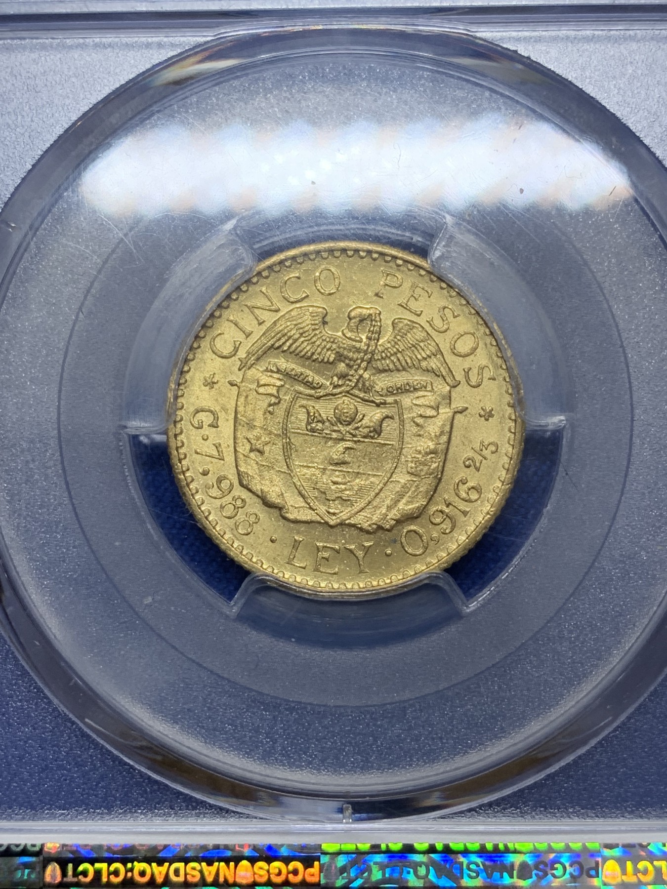 《竞宝斋》圣诞专辑  第二场  第228场 定制纪念章相赠 (全场顺丰包邮) PCGS MS63 哥伦比亚 1924年5比索金币 7.988g 916金